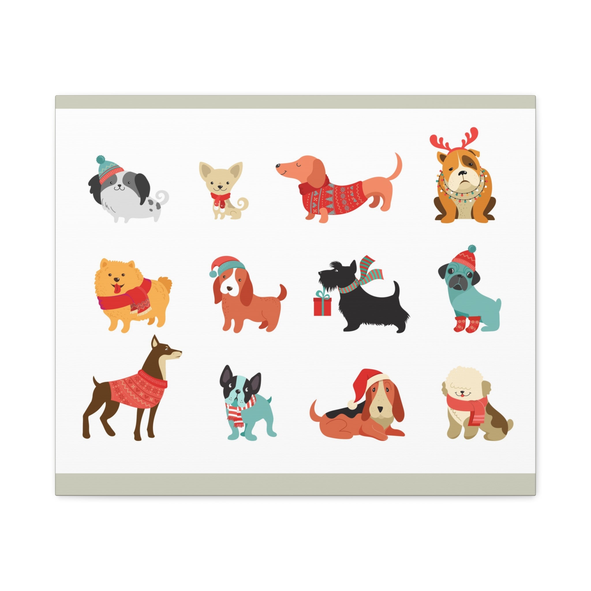Holiday Dogs Canvas Wall Art — Cute Dachshund, Pug & Mixed Breeds in Winter Sweaters