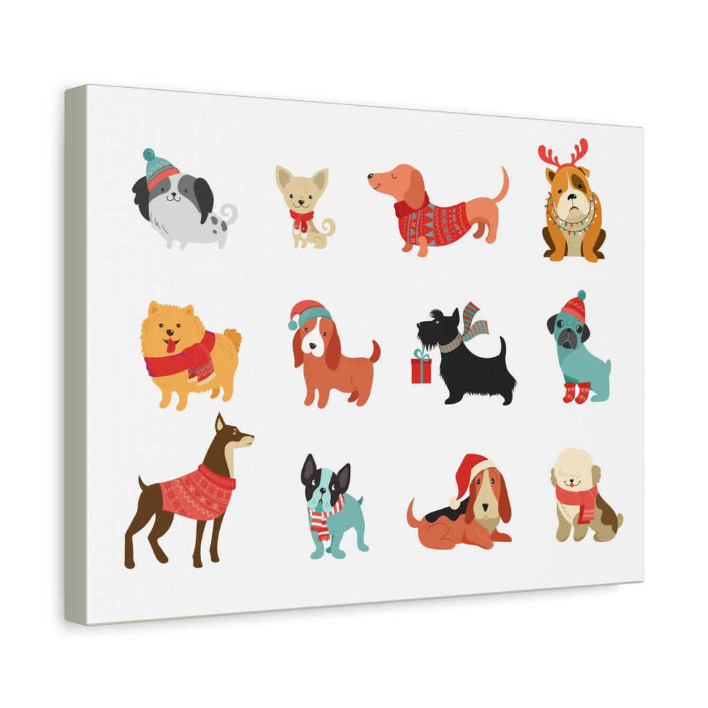 Holiday Dogs Canvas Wall Art — Cute Dachshund, Pug & Mixed Breeds in Winter Sweaters