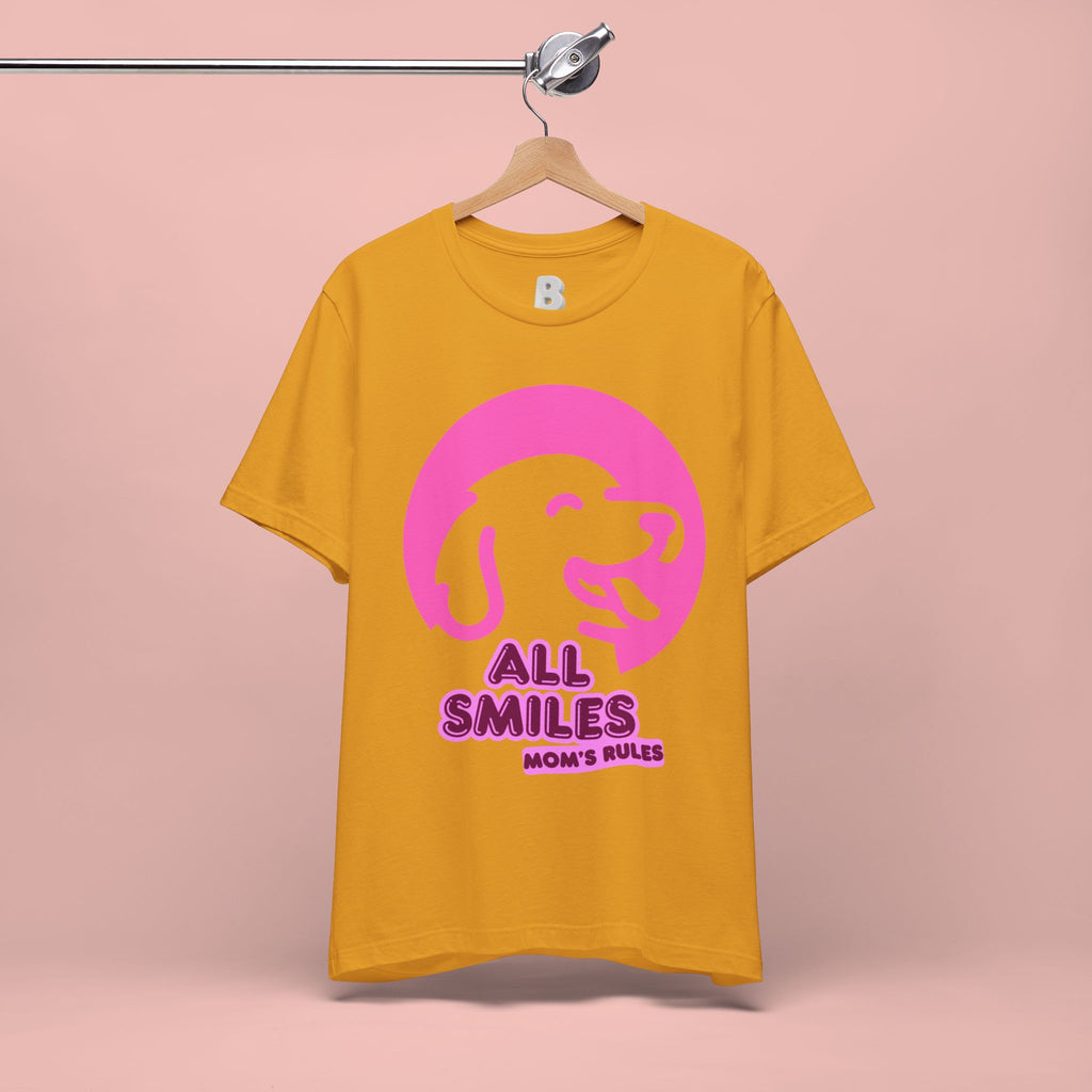 All Smiles Mom's Rules T-Shirt — Cute Pink Dog Graphic Tee for Moms & Pet Lovers