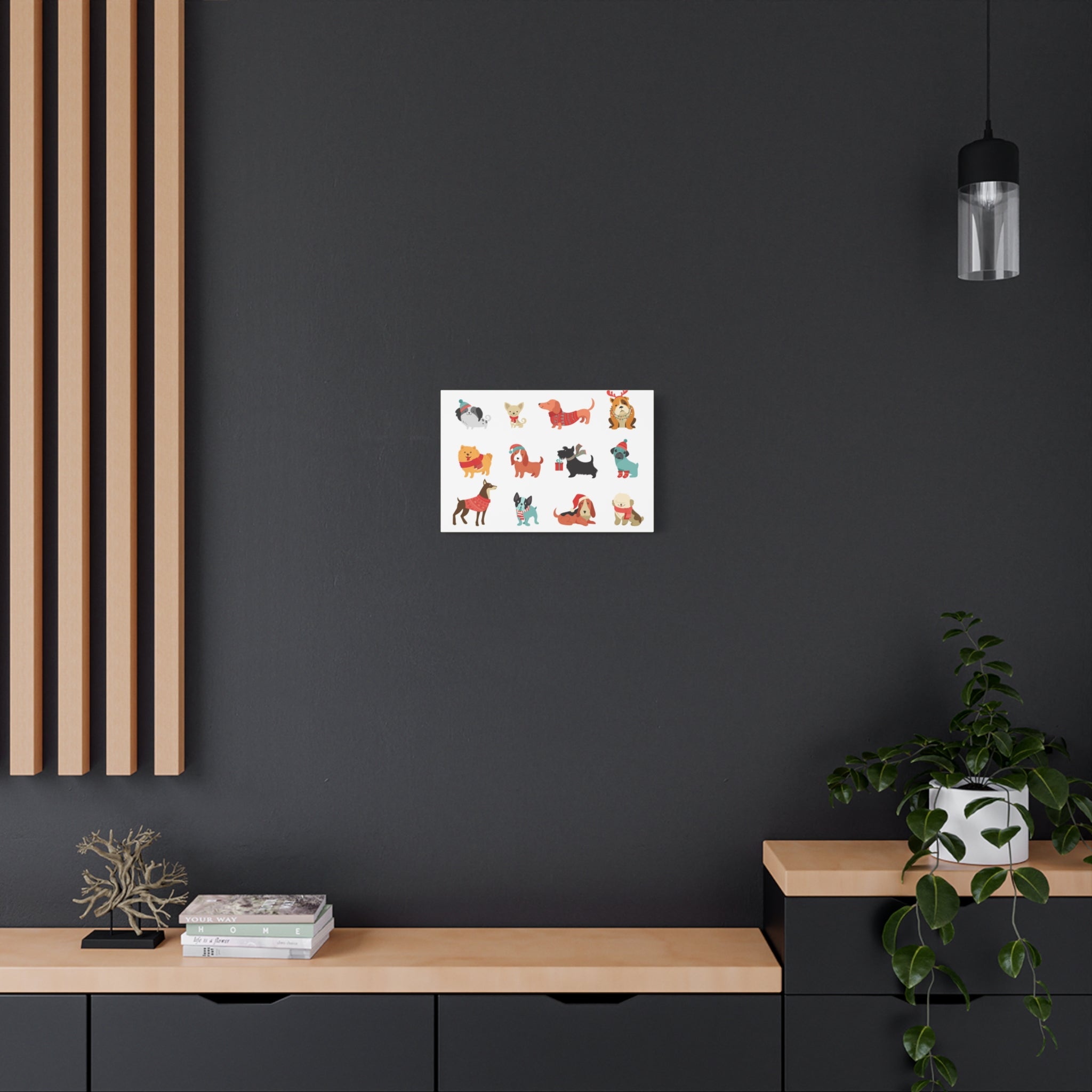 Holiday Dogs Canvas Wall Art — Cute Dachshund, Pug & Mixed Breeds in Winter Sweaters