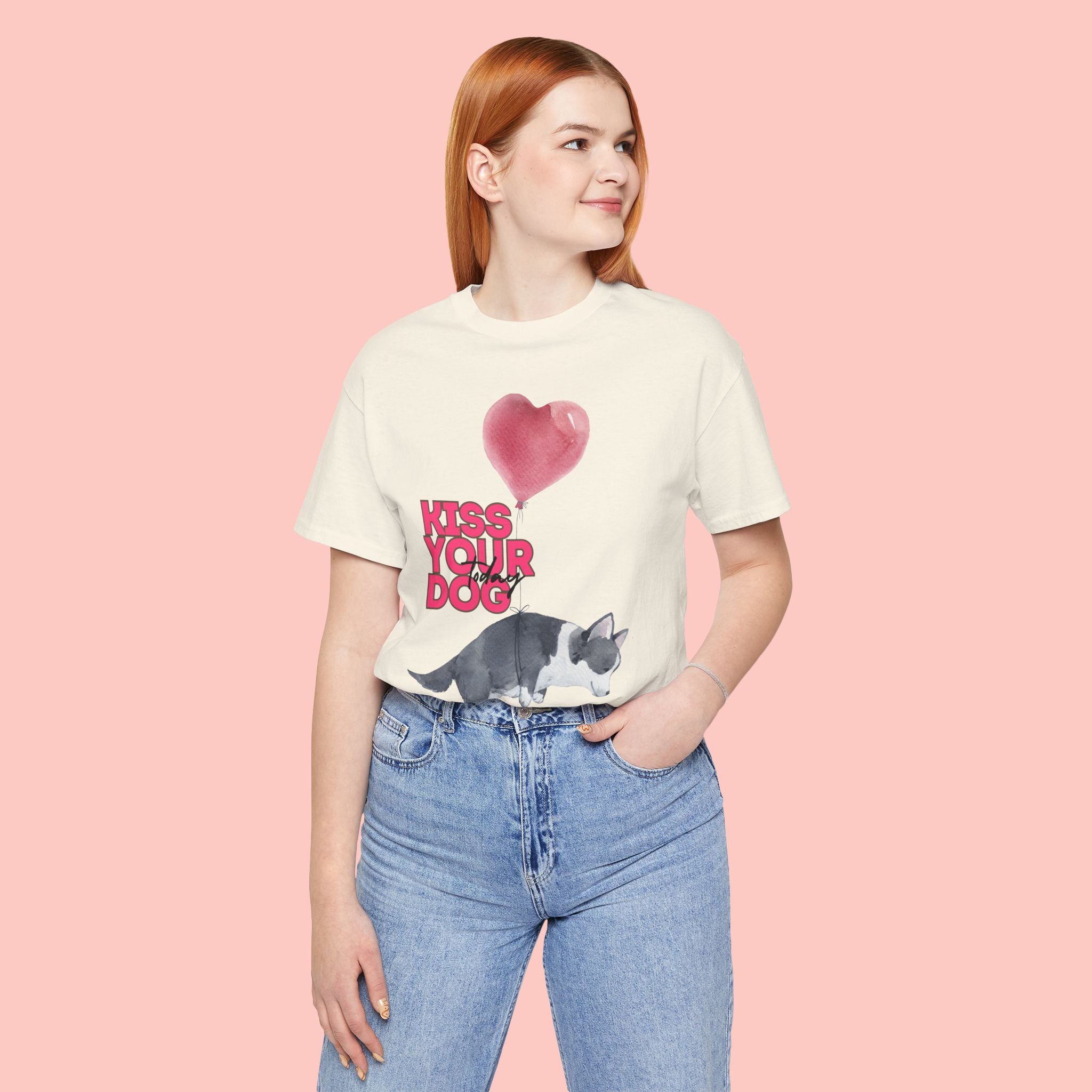 Kiss Your Dog T-Shirt — Cute Corgi with Heart Balloon Pet Lover Tee