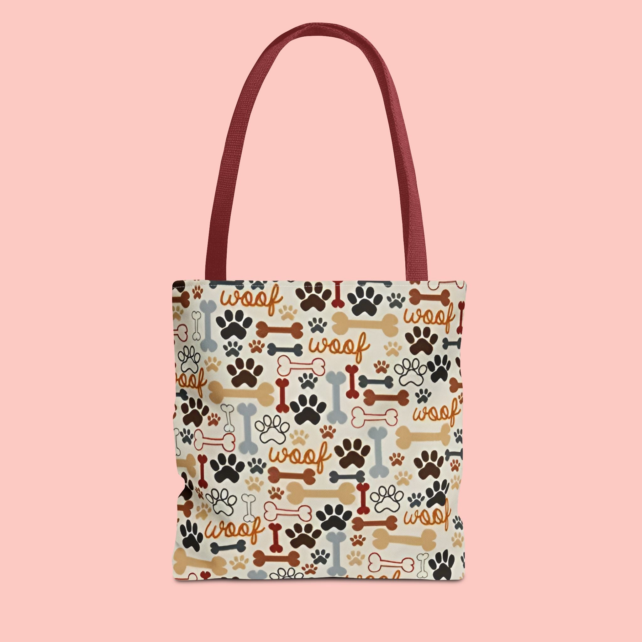Dog Paw & Bone Pattern Tote Bag — 'Woof' All-Over Print Canvas Tote