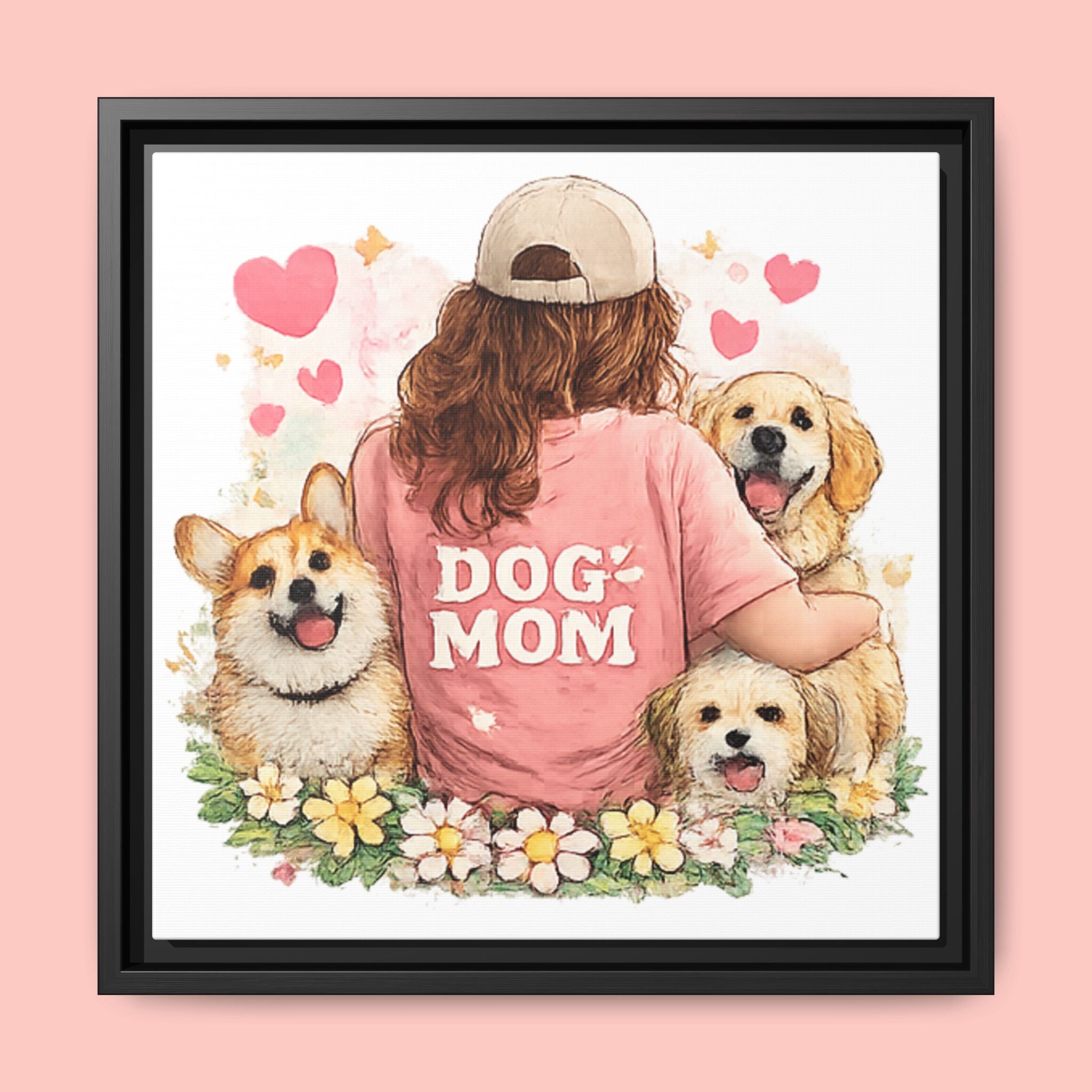 Dog Mom Canvas Print — Framed Matte Wall Art with Cute Dogs & Hearts