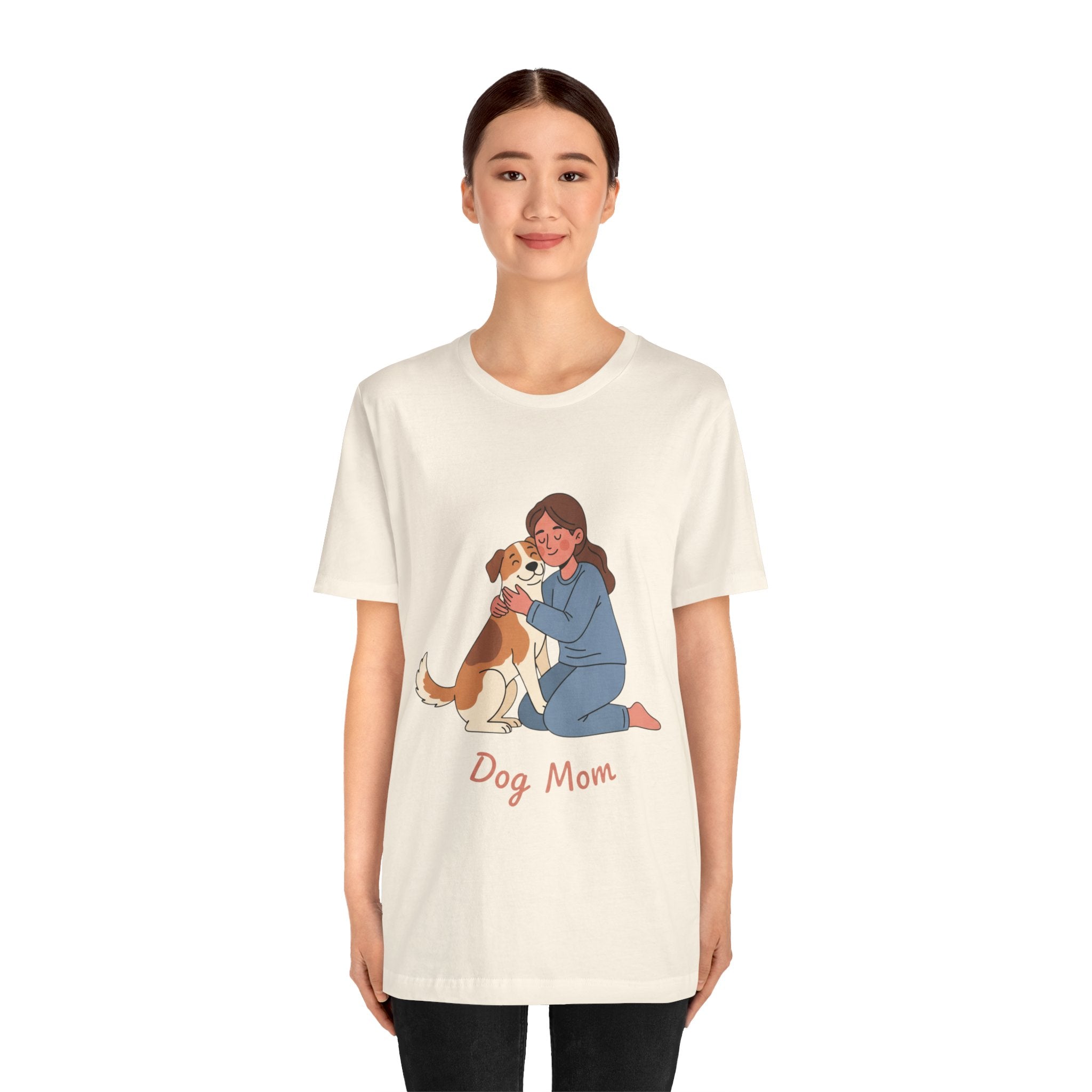 Dog Mom T‑Shirt — Cute Woman Hugging Dog Graphic Tee