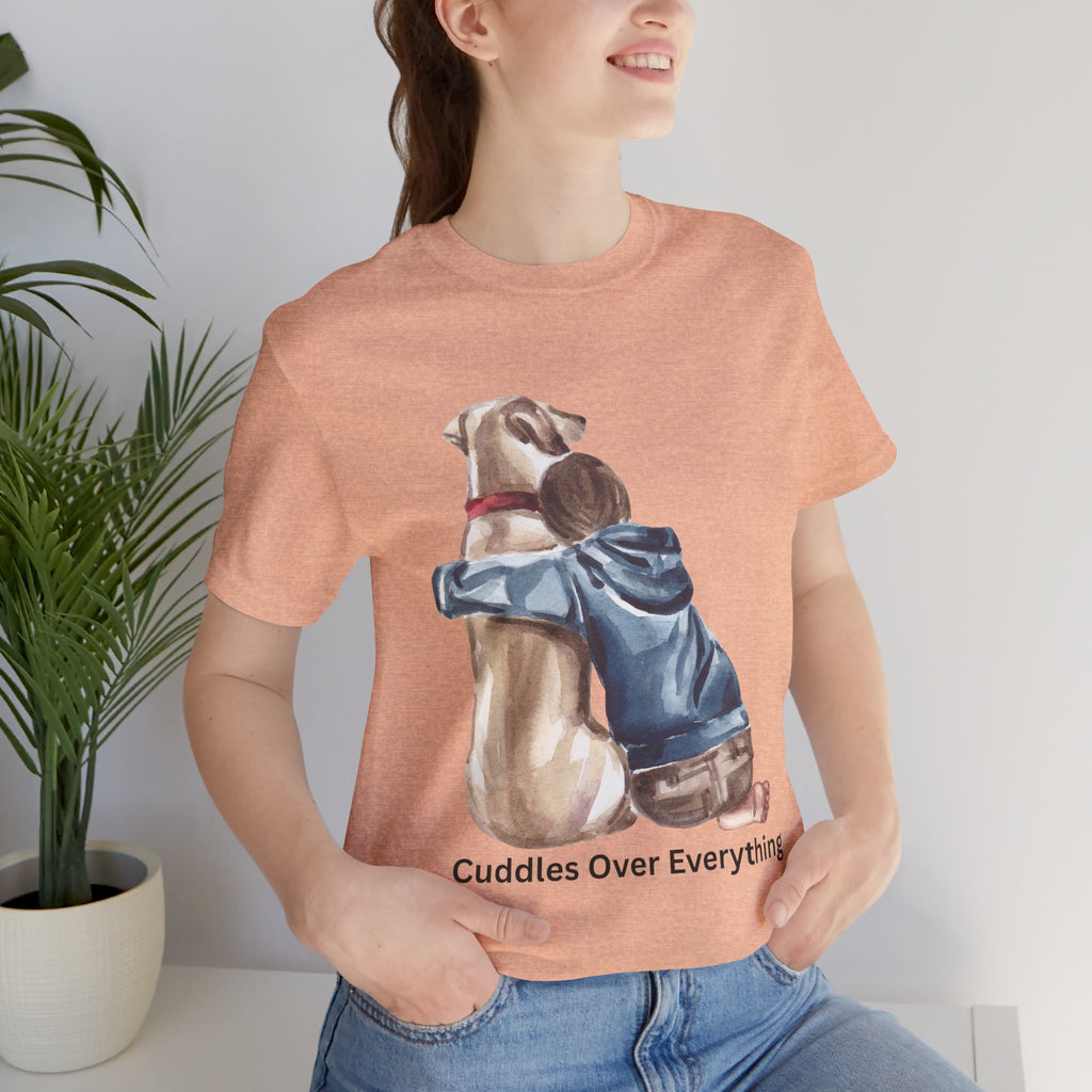 Cuddles Over Everything Tee — Boy Hugging Dog Animal Lover T-Shirt