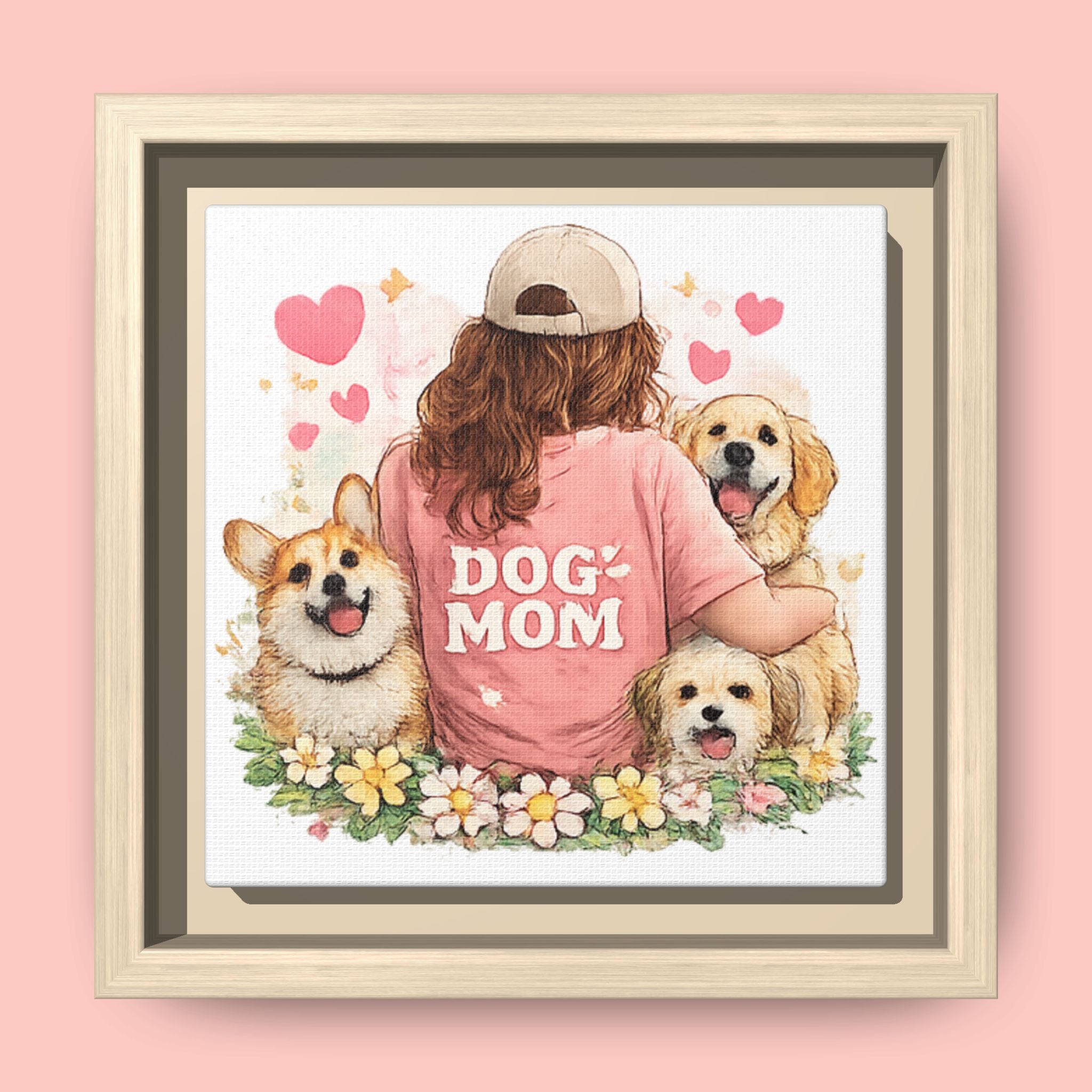 Dog Mom Canvas Print — Framed Matte Wall Art with Cute Dogs & Hearts