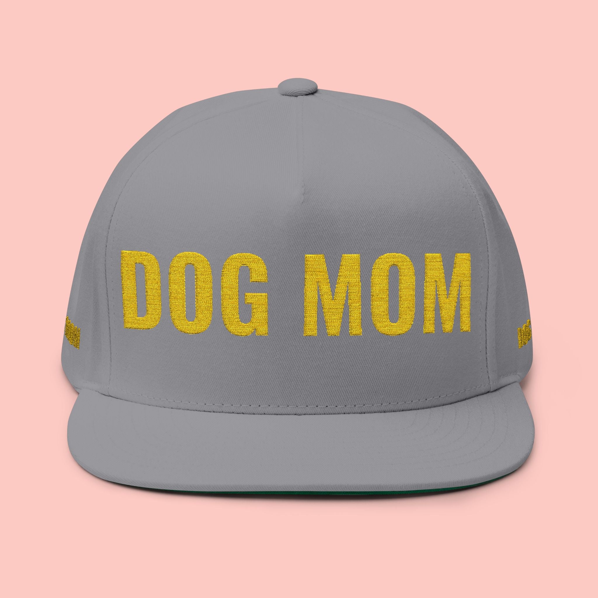 Dog Mom Flat Bill Cap — Embroidered Gold Sparkle