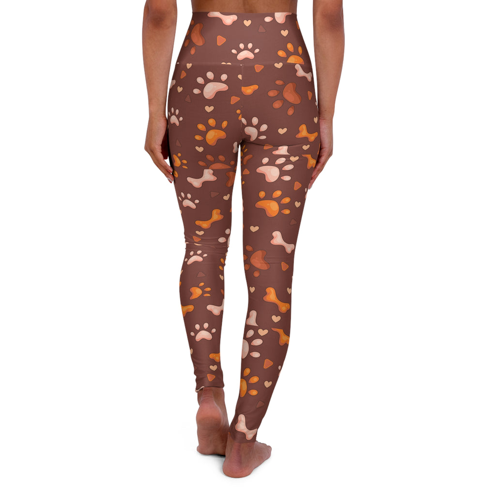 Brown Paw Print High-Waisted Yoga Leggings — Cute Cat & Dog Paws Pattern