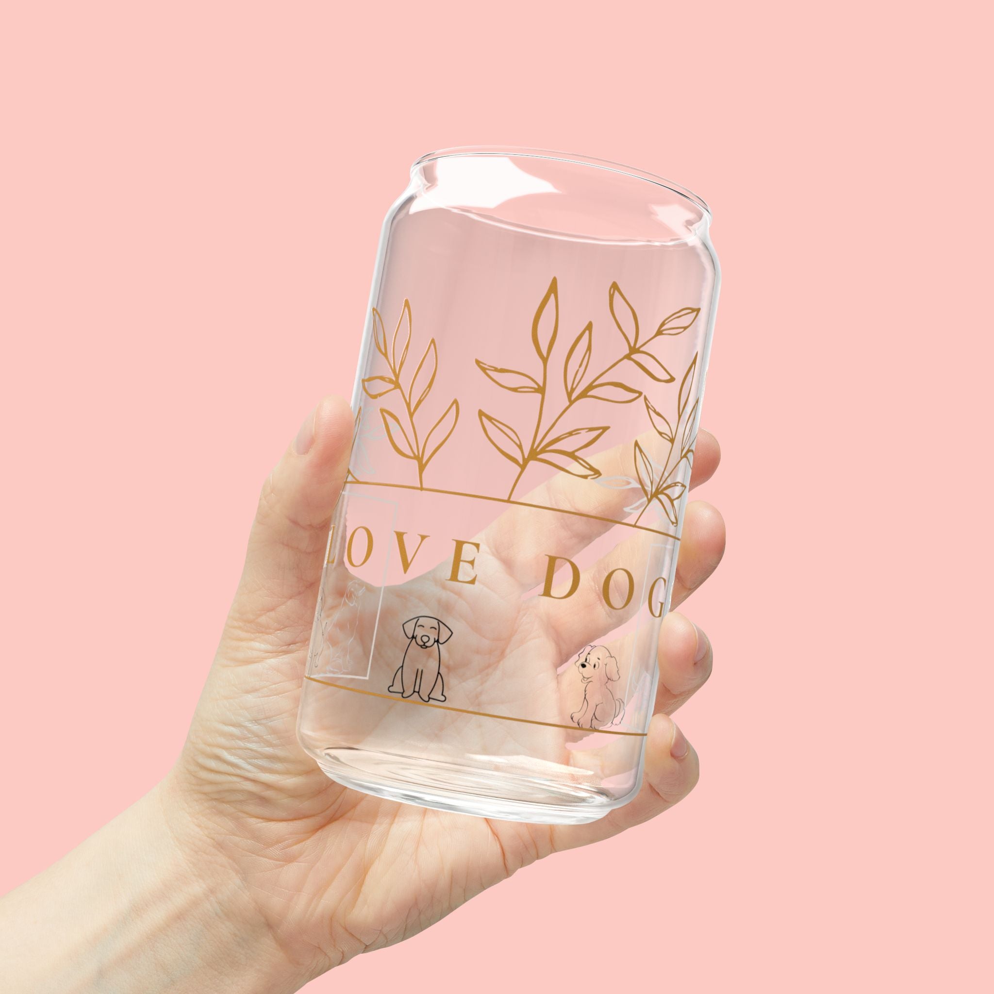 16oz Glass Sipper Tumbler — “Love Dogs” Botanical Design with Bamboo Lid & Straw
