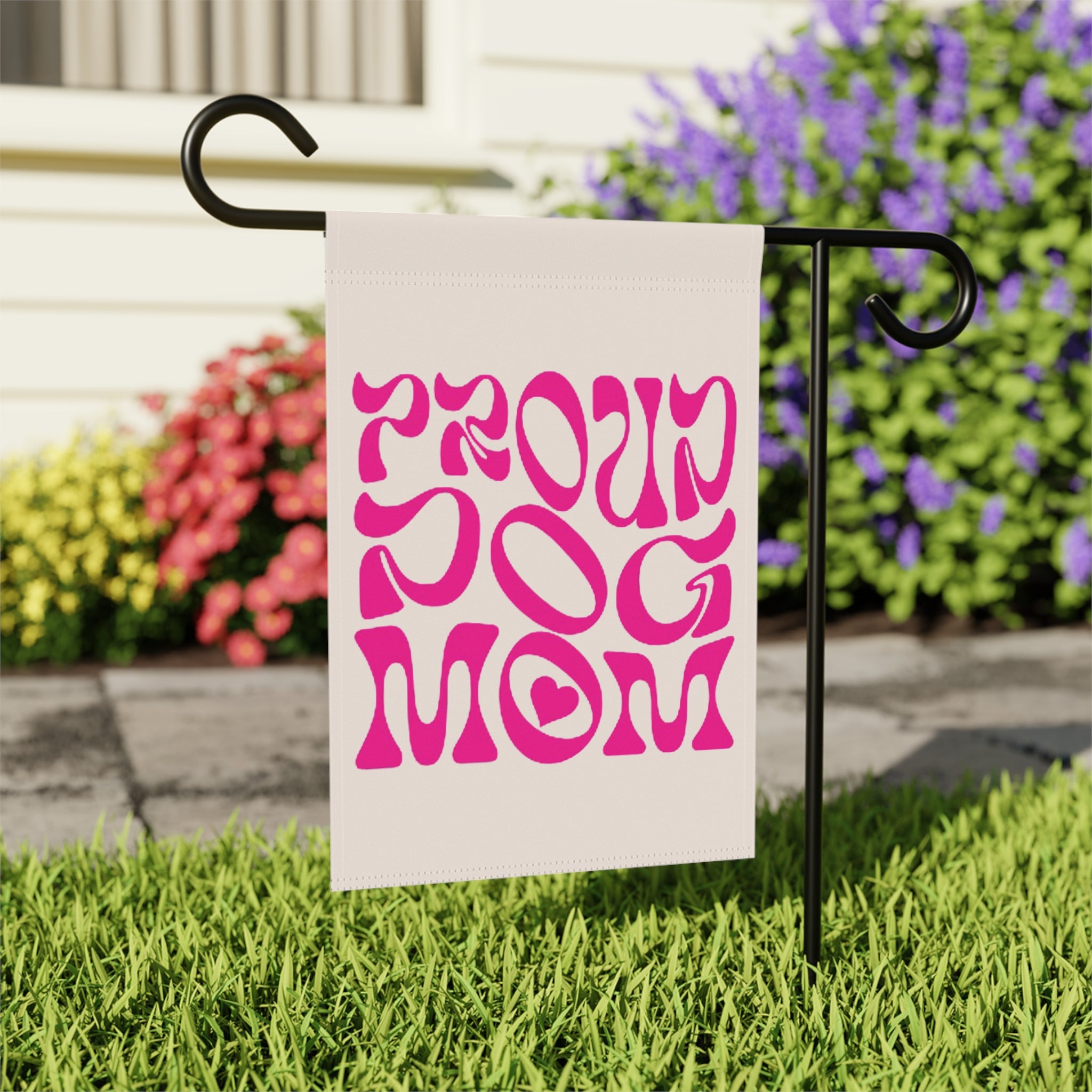 Garden Flag — 'Proud Dog Mom' Pink Retro Script Outdoor Banner