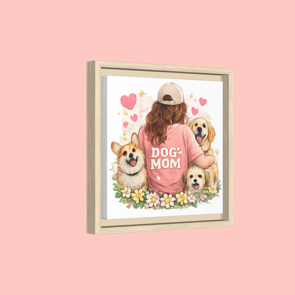 Dog Mom Canvas Print — Framed Matte Wall Art with Cute Dogs & Hearts