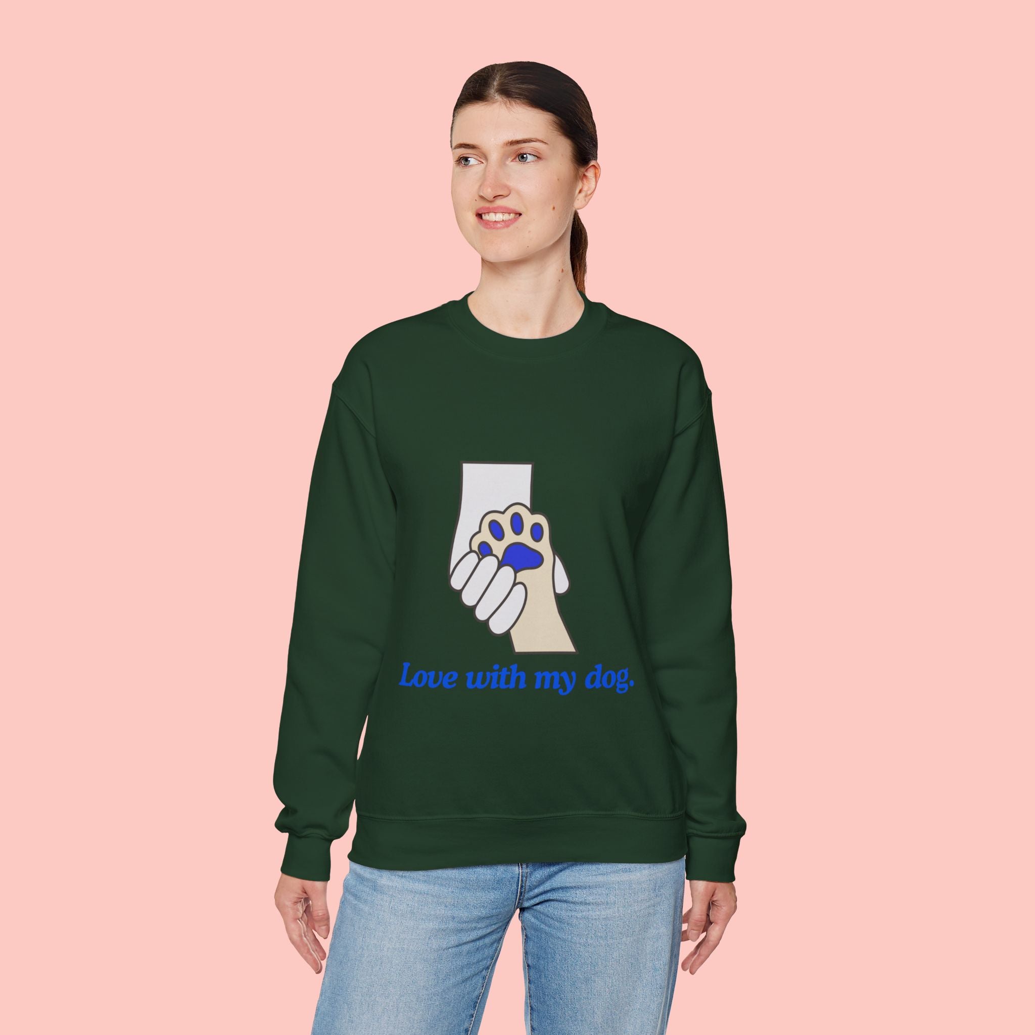 Dog Lover Crewneck Sweatshirt — "Love with my dog." Paw & Hold Graphic