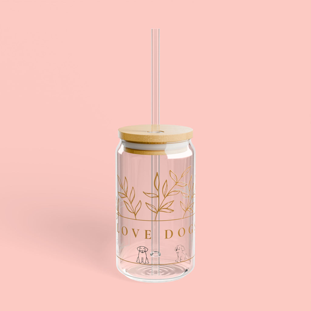 16oz Glass Sipper Tumbler — “Love Dogs” Botanical Design with Bamboo Lid & Straw