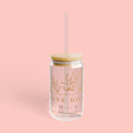 16oz Glass Sipper Tumbler — “Love Dogs” Botanical Design with Bamboo Lid & Straw