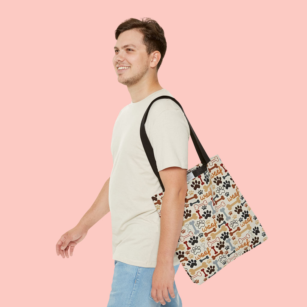 Dog Paw & Bone Pattern Tote Bag — 'Woof' All-Over Print Canvas Tote