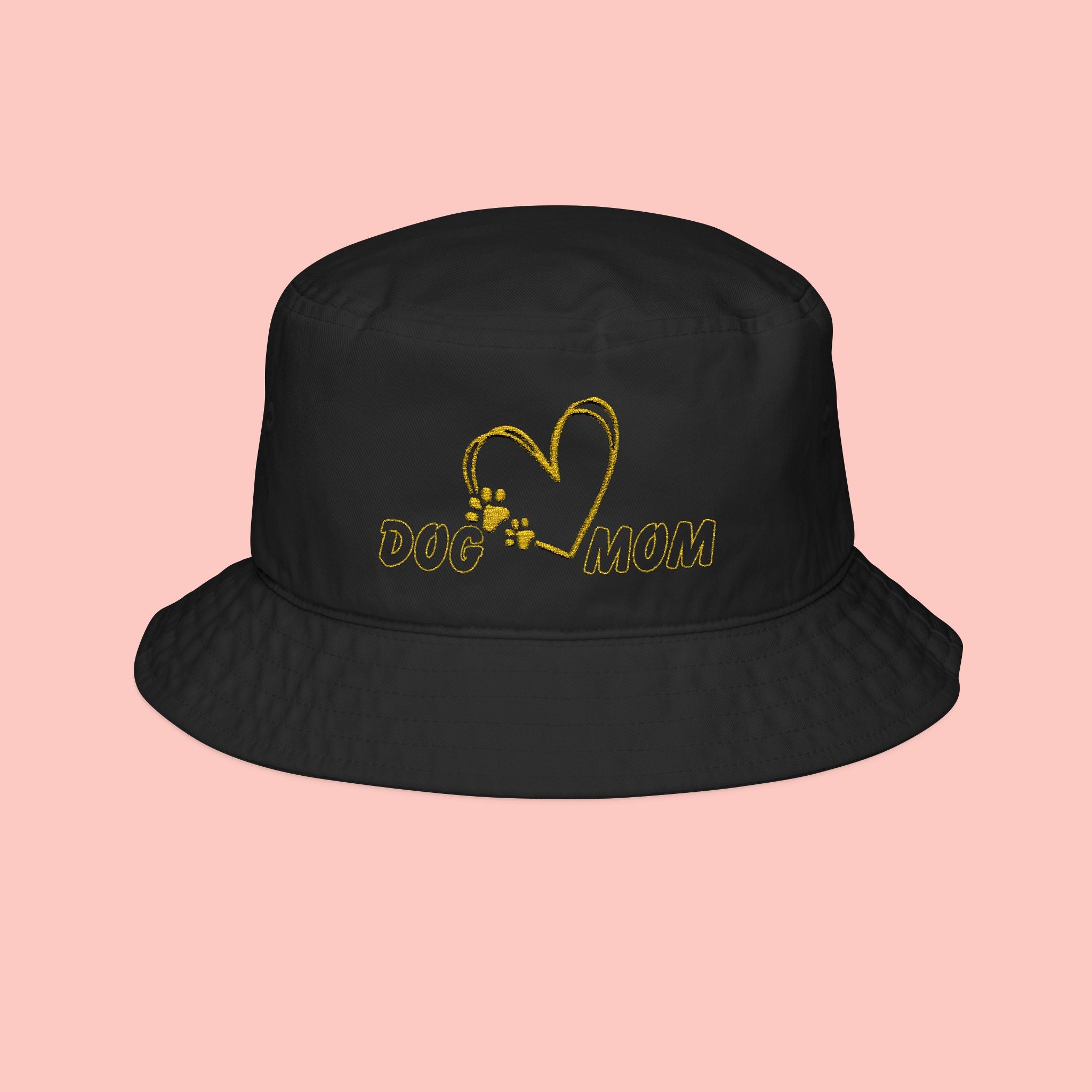 Dog Mom Embroidered Bucket Hat — Gold Heart Paw Design