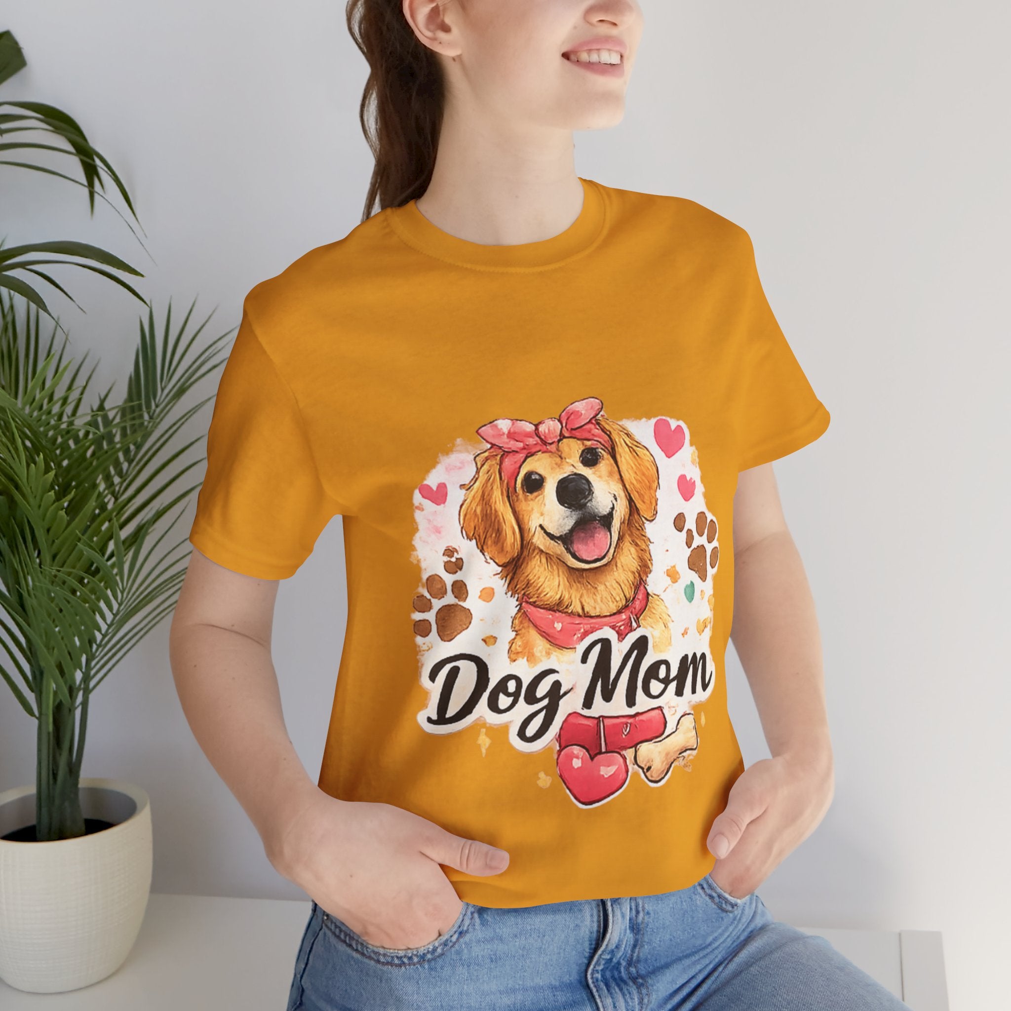 Dog Mom T-Shirt – Cute Golden Retriever Design with Hearts & Paw Prints
