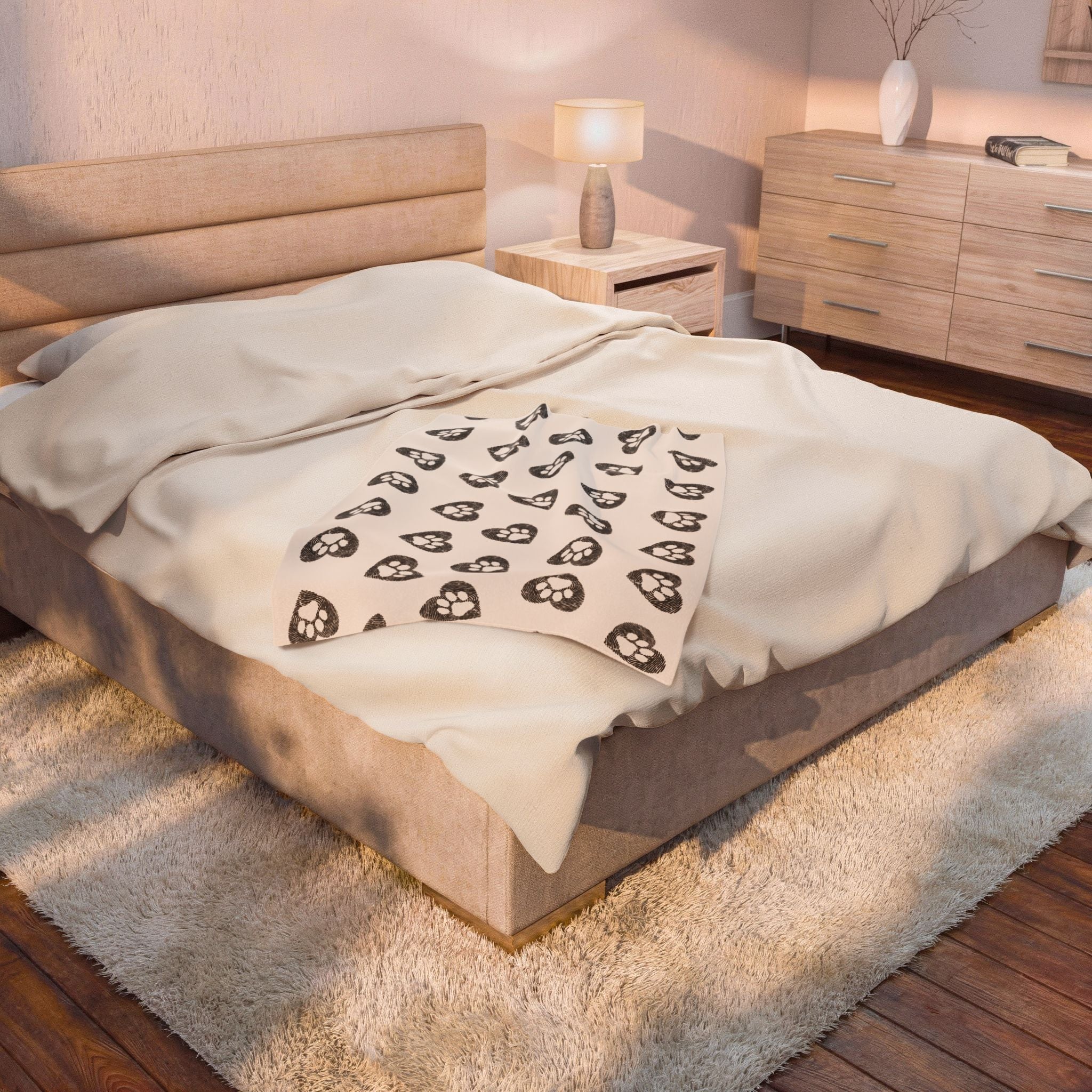 Paw Heart Velveteen Plush Blanket — Soft Cozy Pet Lover Throw