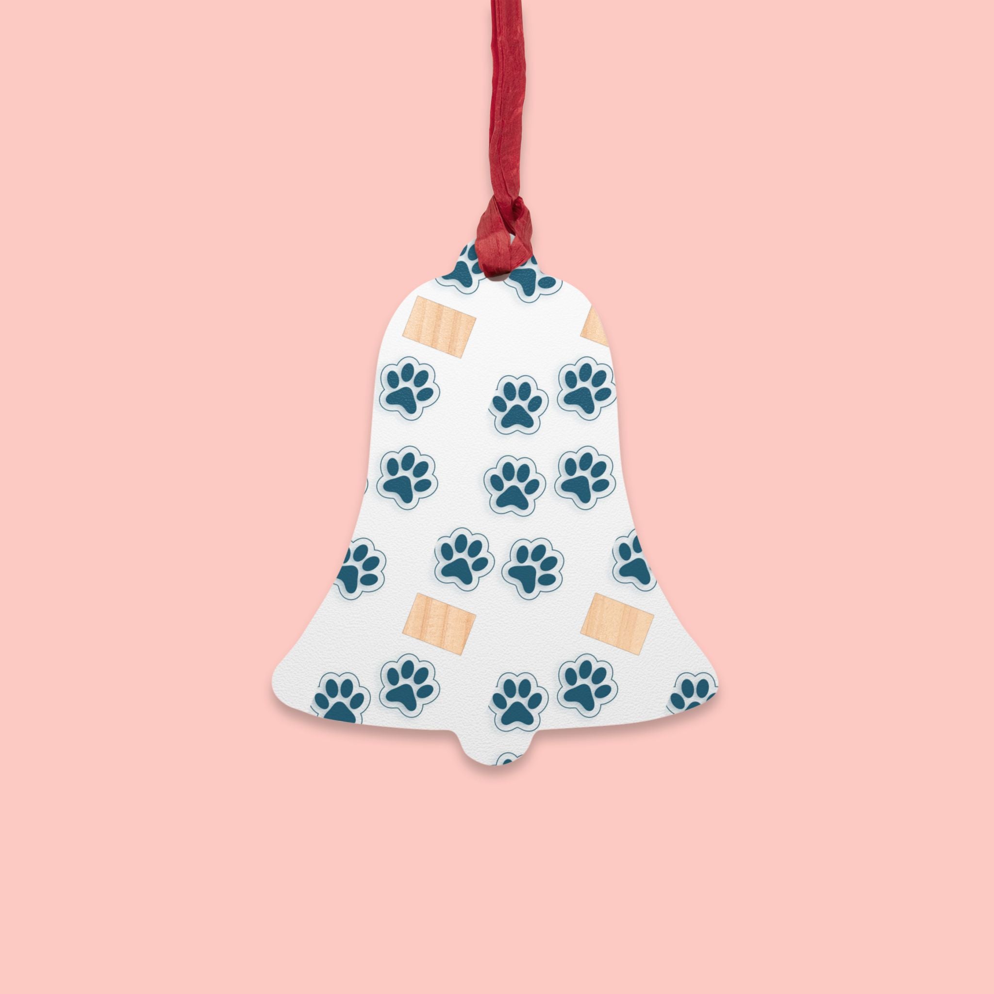 Bell Wooden Ornament with Paw Print & Bandage Pattern — Pet Memorial Holiday Decoration