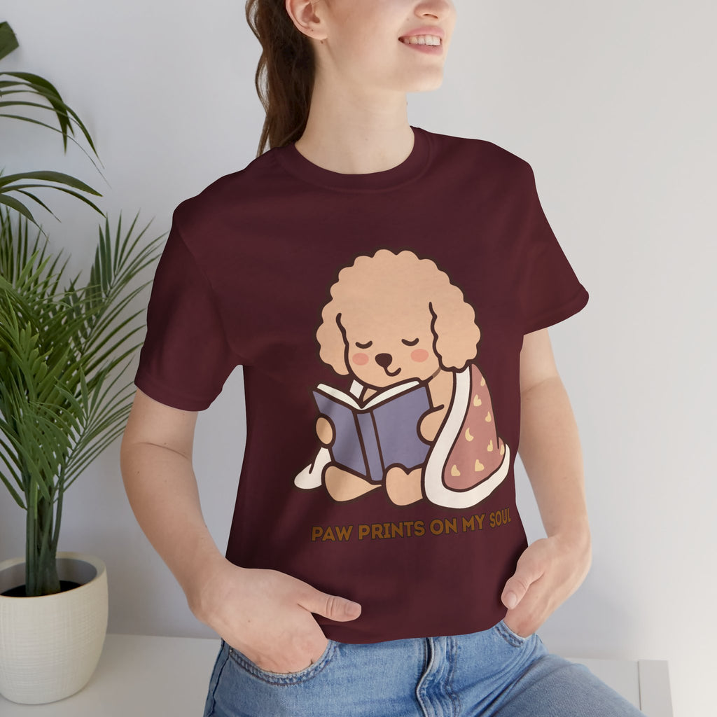 Paw Prints On My Soul T‑Shirt — Cute Reading Puppy Graphic Tee