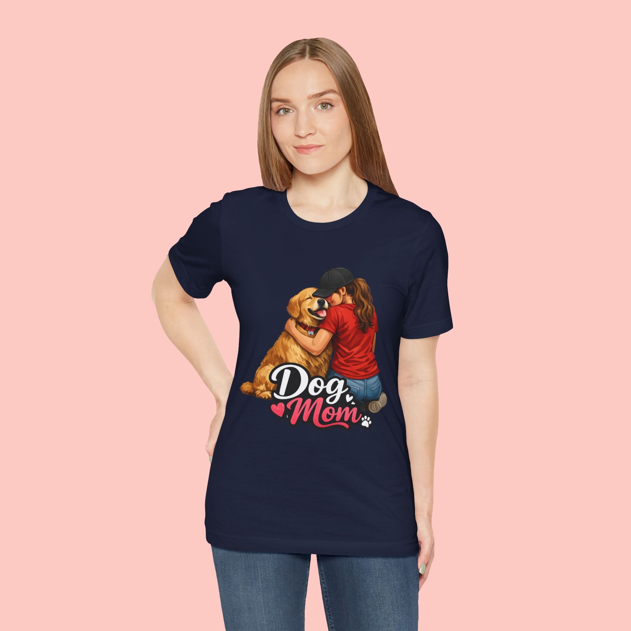 Dog Mom T-Shirt - Cute Woman Hugging Golden Retriever Tee