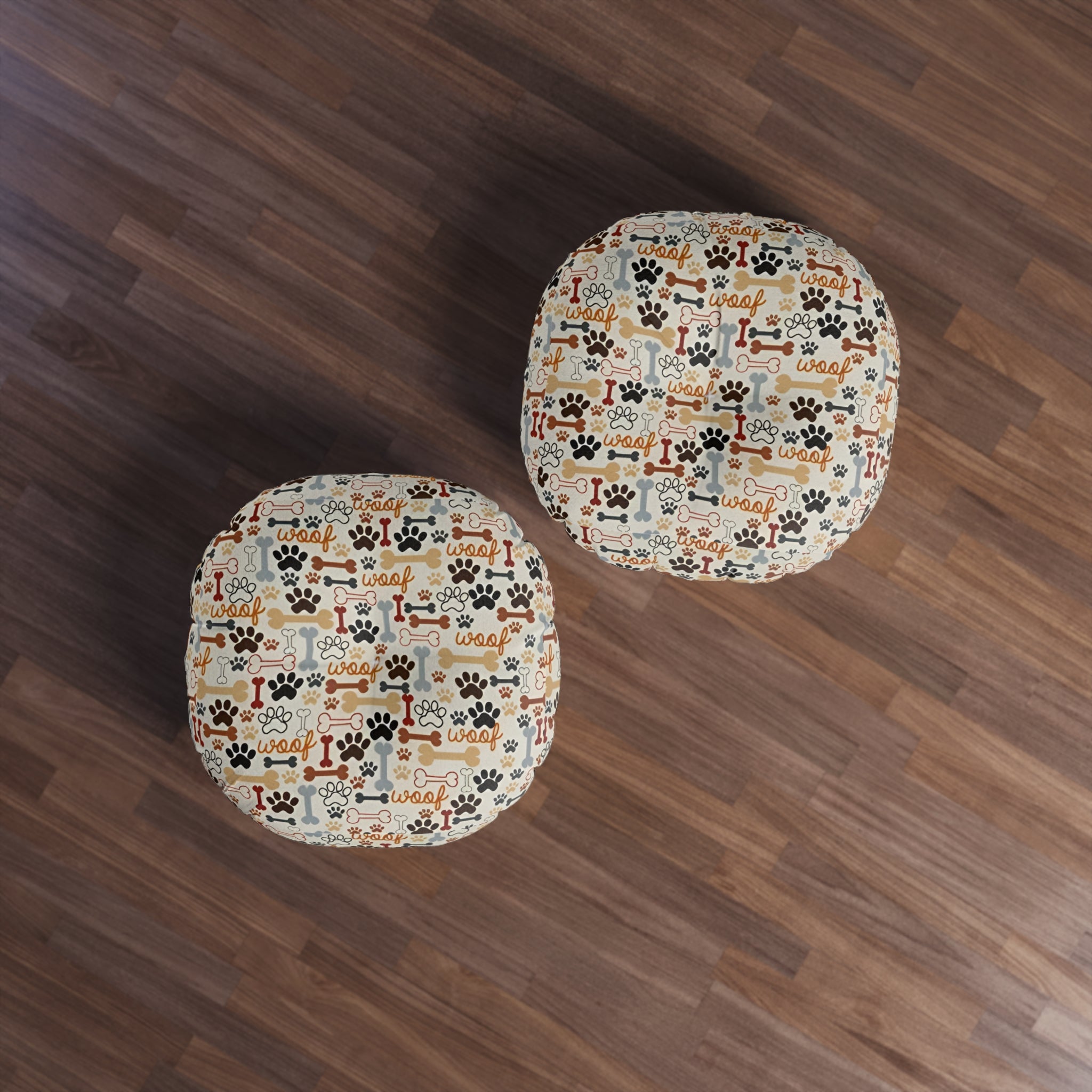 Round Tufted Floor Pillow — Neutral Paw Print Pattern for Pet Lovers