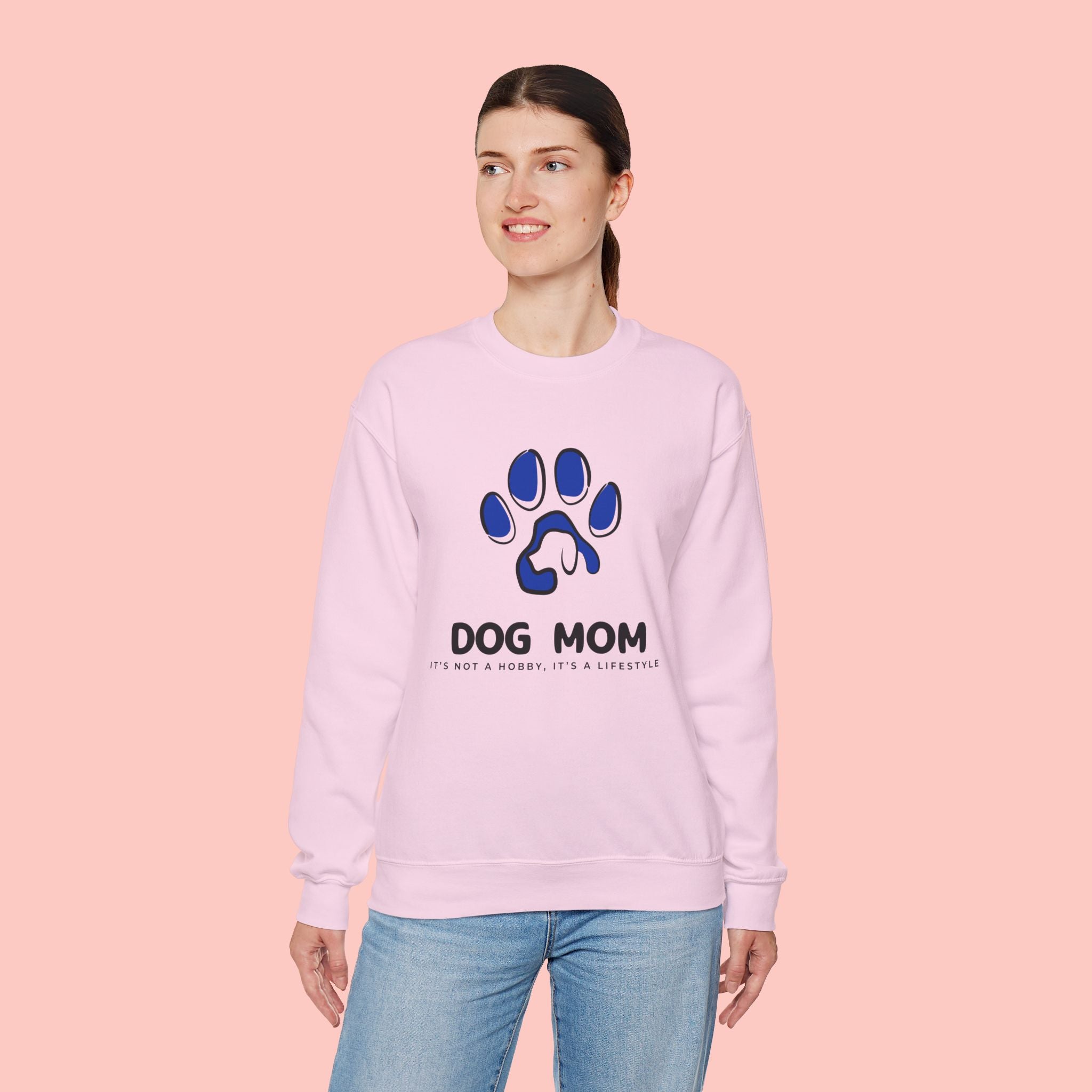 Dog Mom Crewneck Sweatshirt – Blue Paw Graphic "Dog Mom"