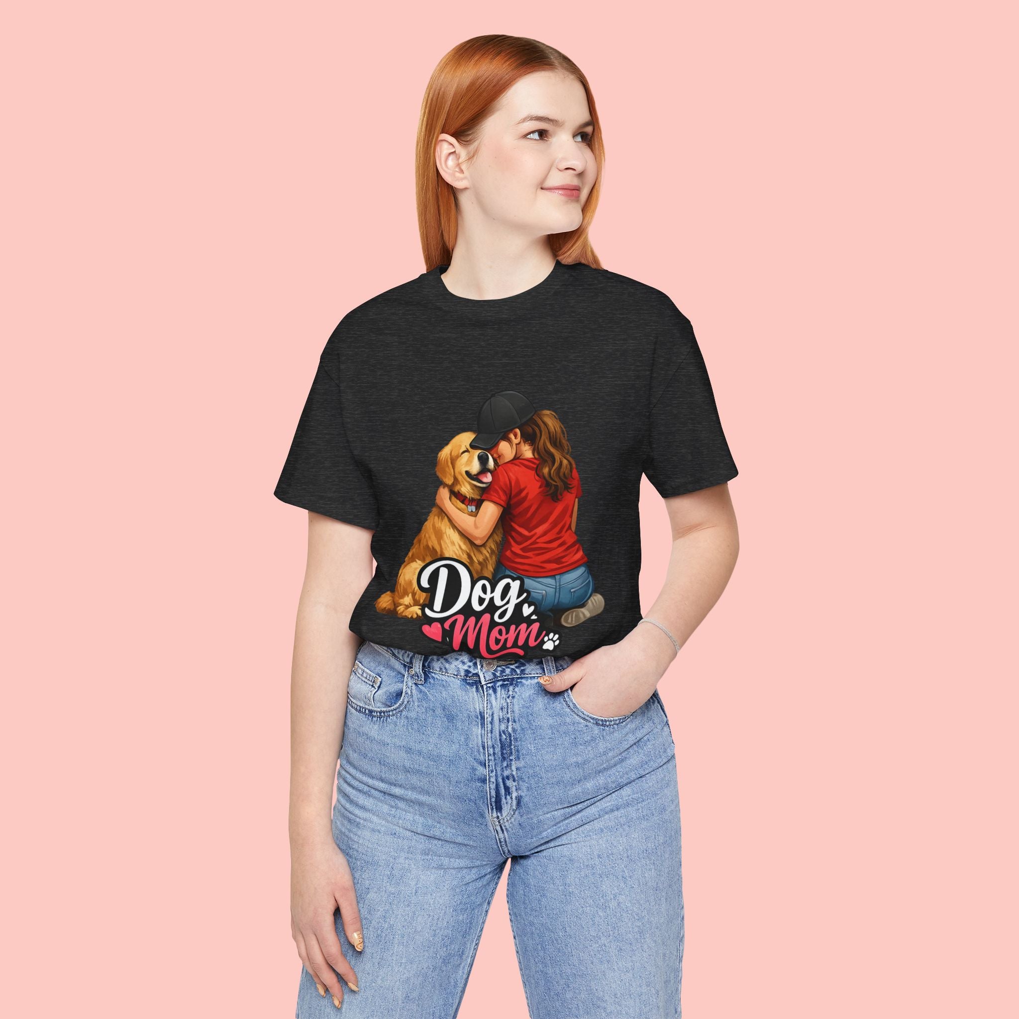 Dog Mom T-Shirt - Cute Woman Hugging Golden Retriever Tee