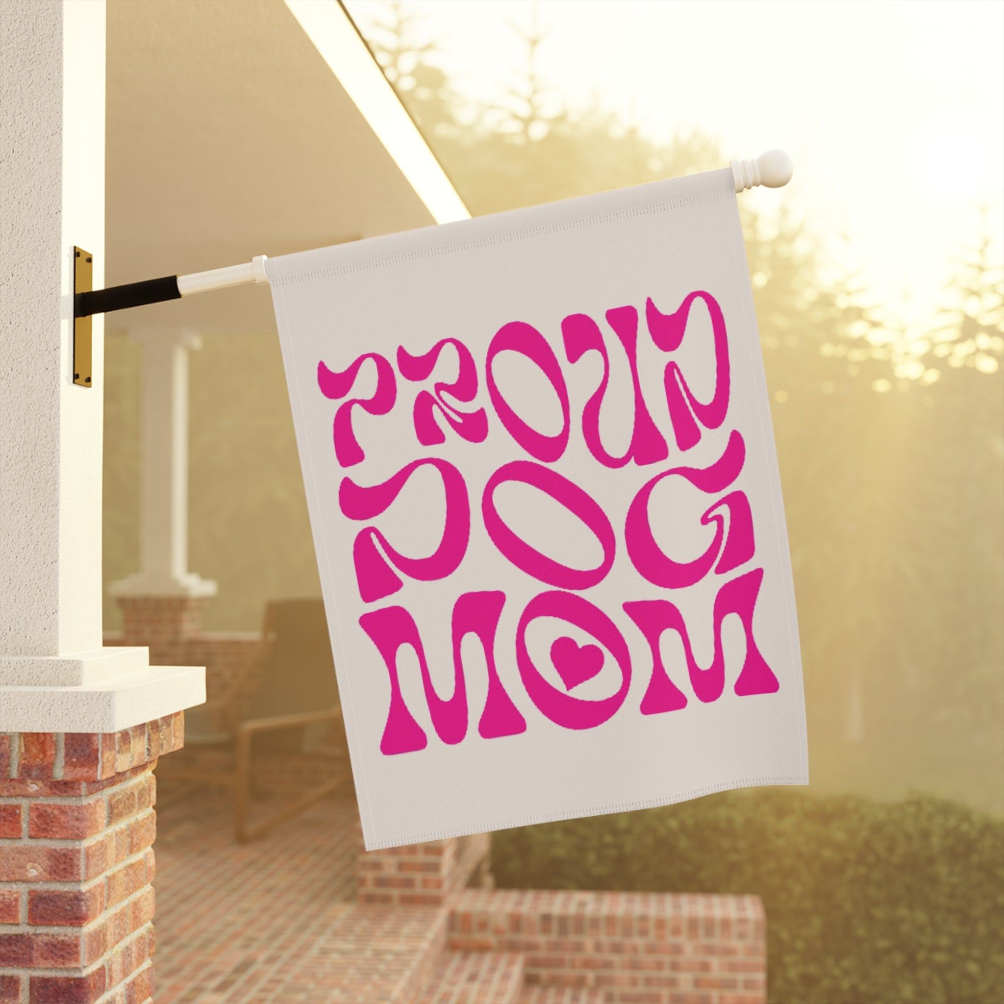 Garden Flag — 'Proud Dog Mom' Pink Retro Script Outdoor Banner
