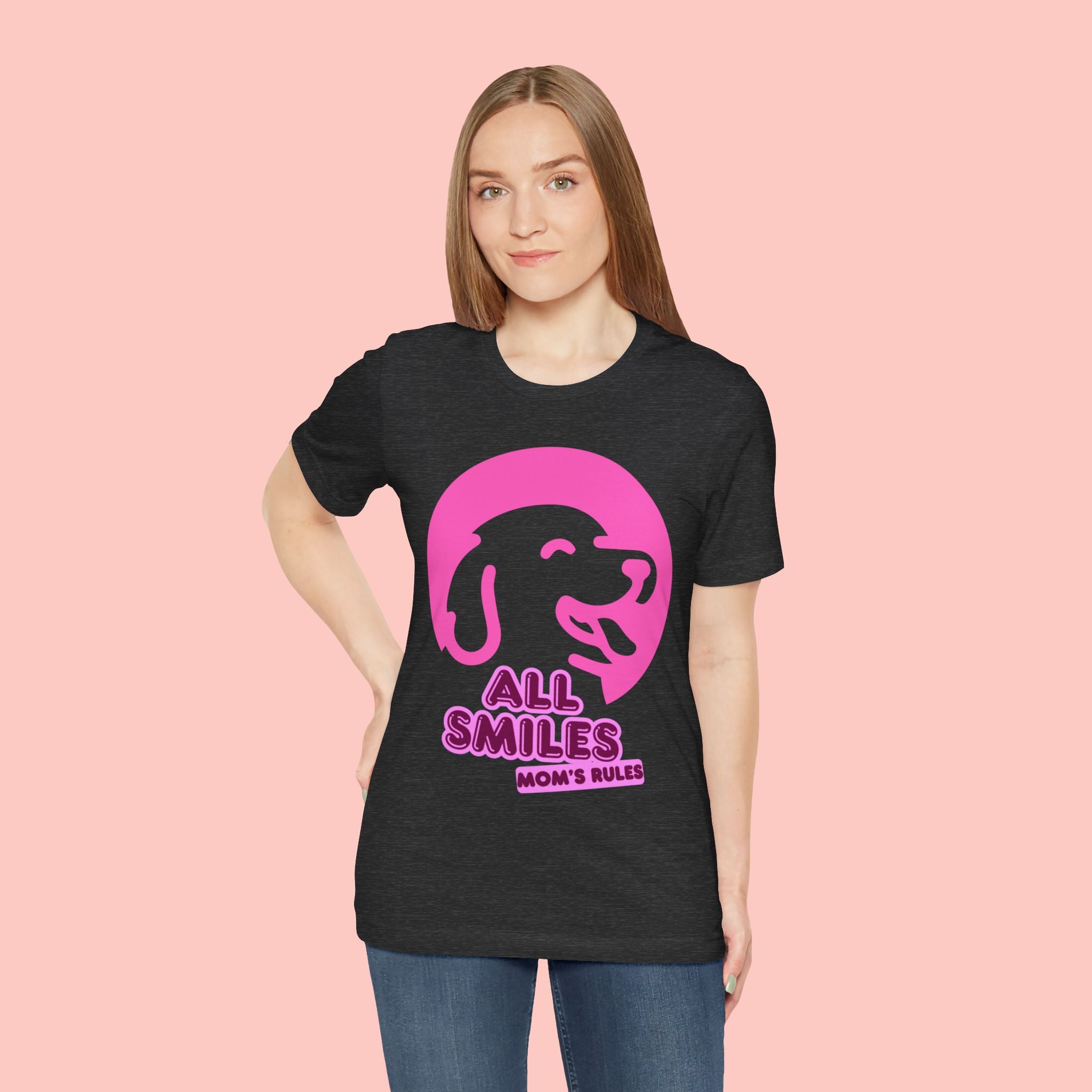All Smiles Mom's Rules T-Shirt — Cute Pink Dog Graphic Tee for Moms & Pet Lovers