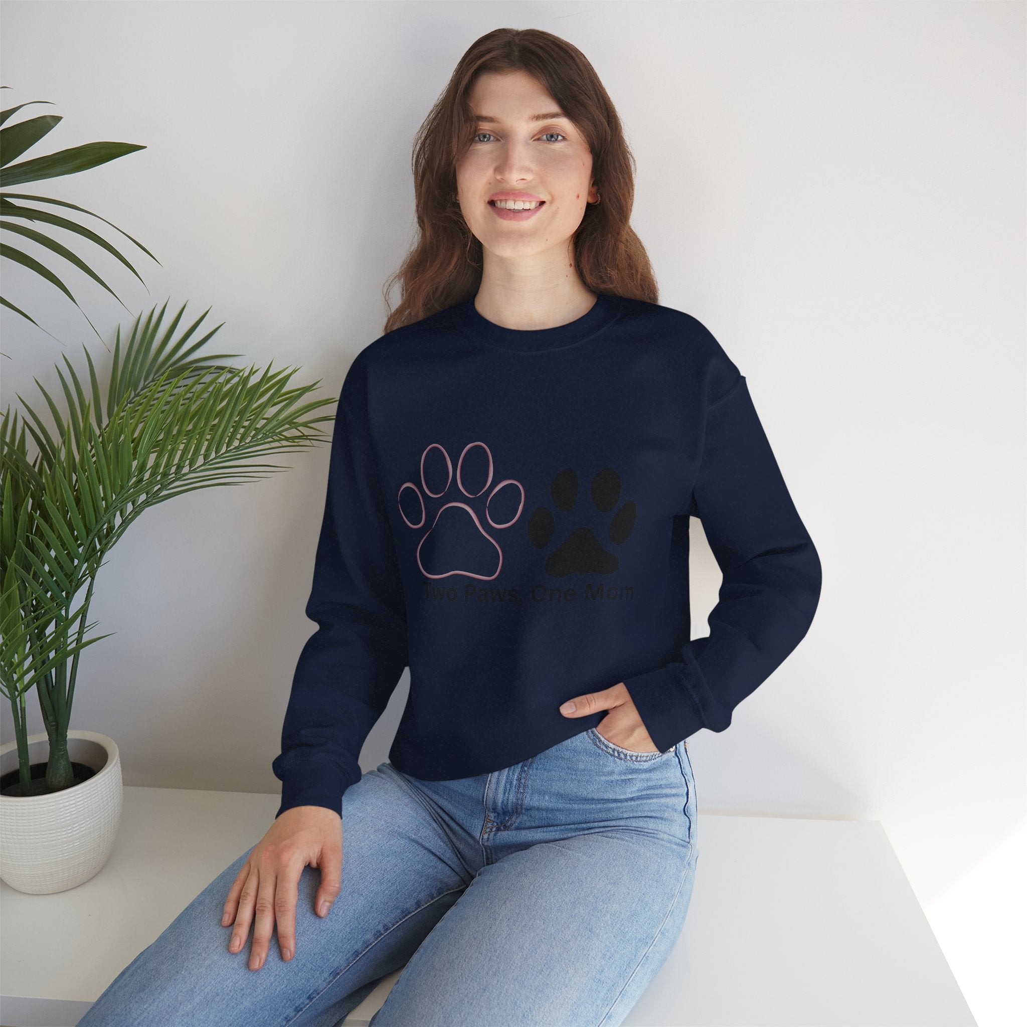 Crewneck Sweatshirt – "Two Paws, One Mom" Paw Print Mom Gift