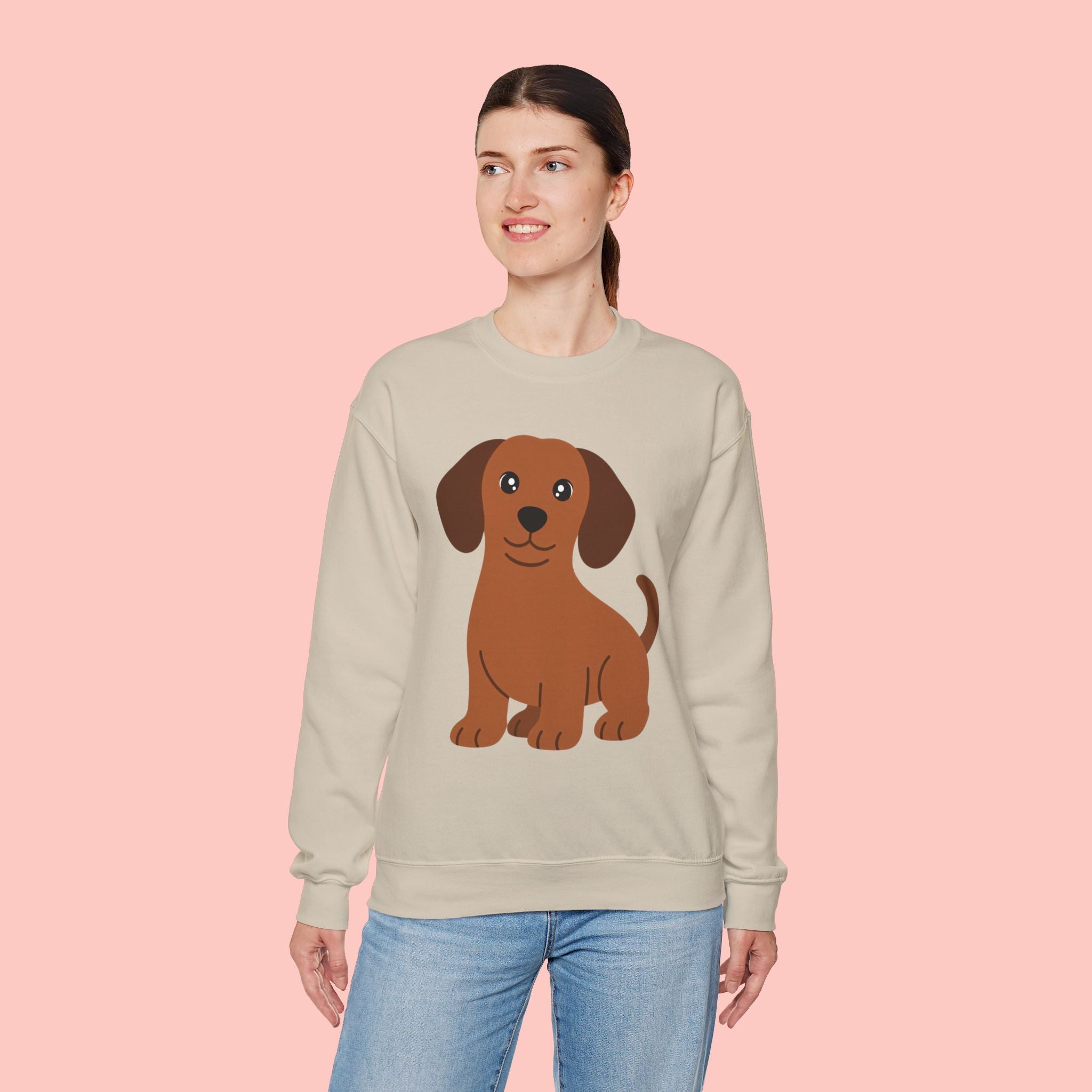 Cute Brown Puppy Sweatshirt — Cartoon Dachshund Crewneck for Dog Lovers