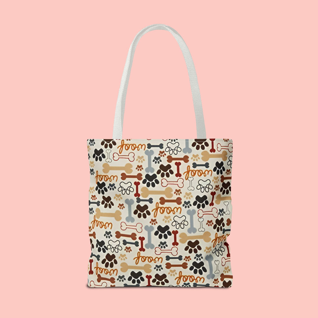 Dog Paw & Bone Pattern Tote Bag — 'Woof' All-Over Print Canvas Tote