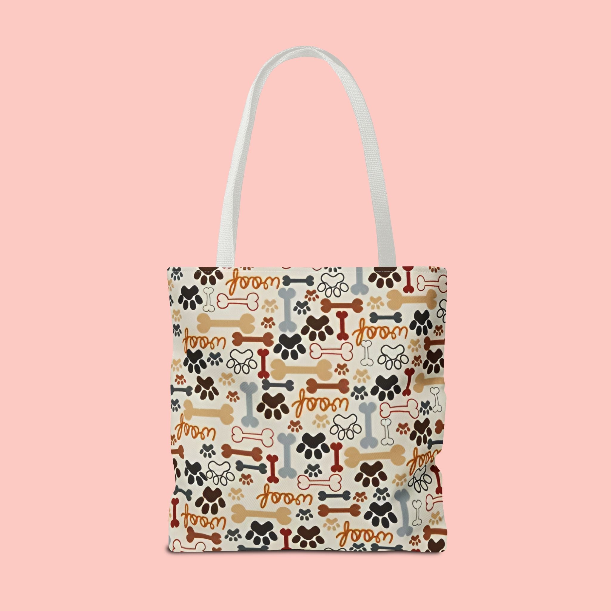 Dog Paw & Bone Pattern Tote Bag — 'Woof' All-Over Print Canvas Tote