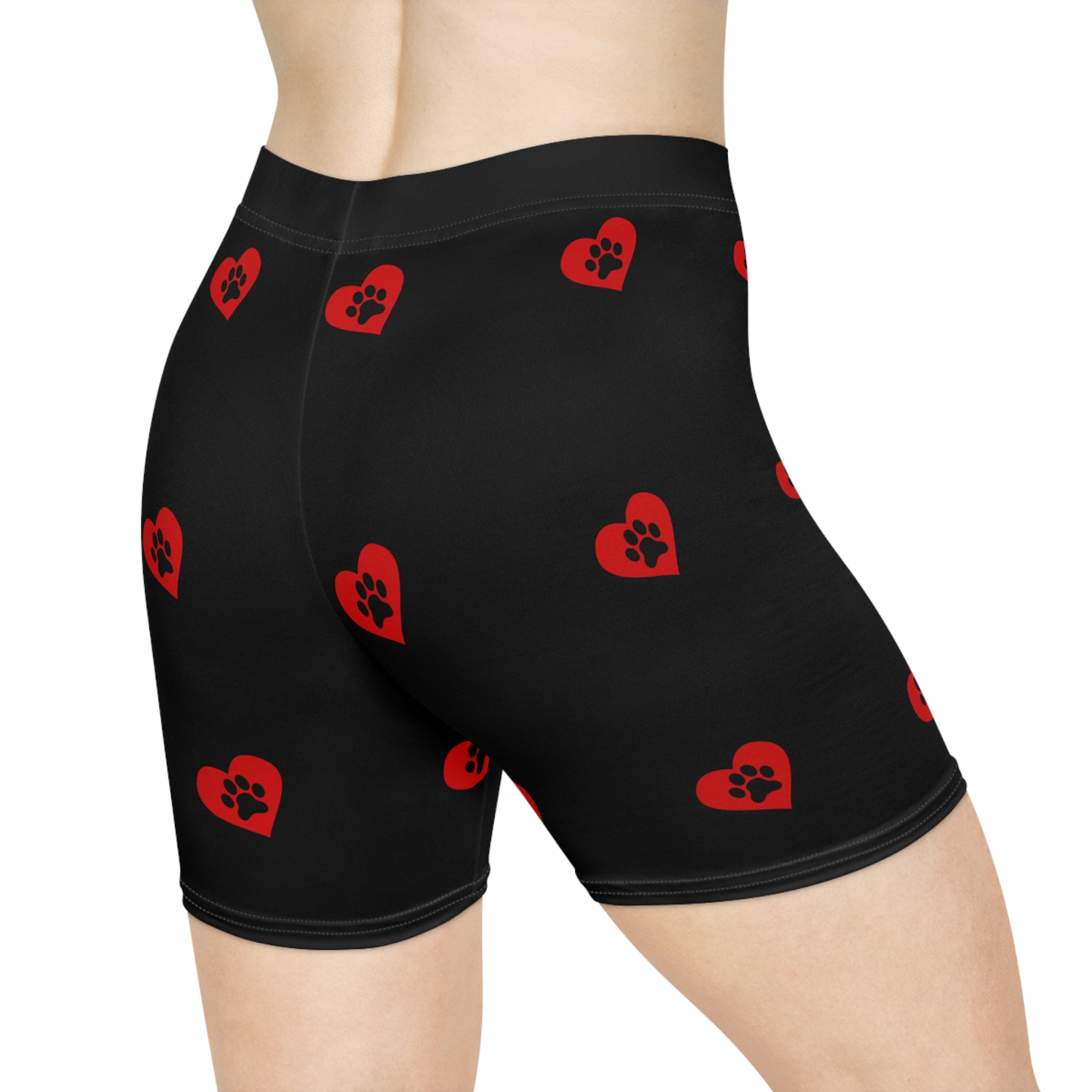 Biker Shorts — Black Red Paw-Print Heart Pattern