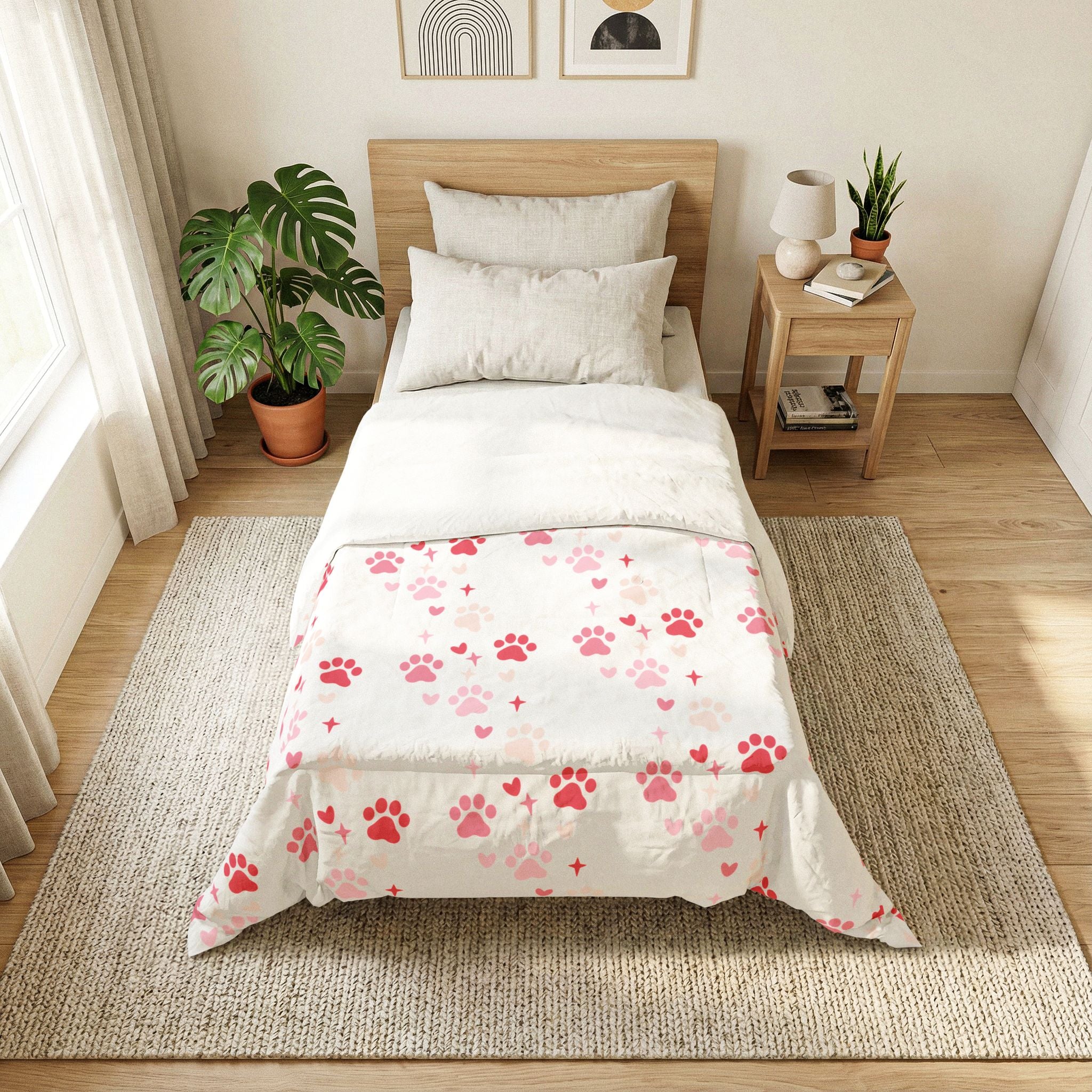 Pink Paw Print Cotton Comforter – Cute Pet-Themed Bedding for Kids & Dog Lovers