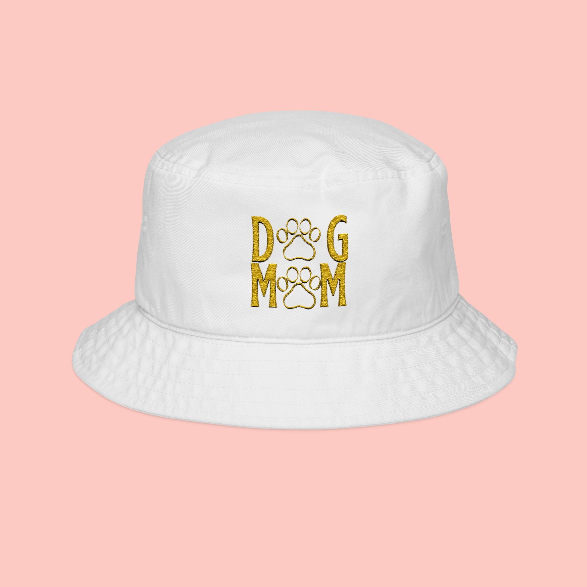 Dog Mom Embroidered Bucket Hat – Paw Print Floral Design