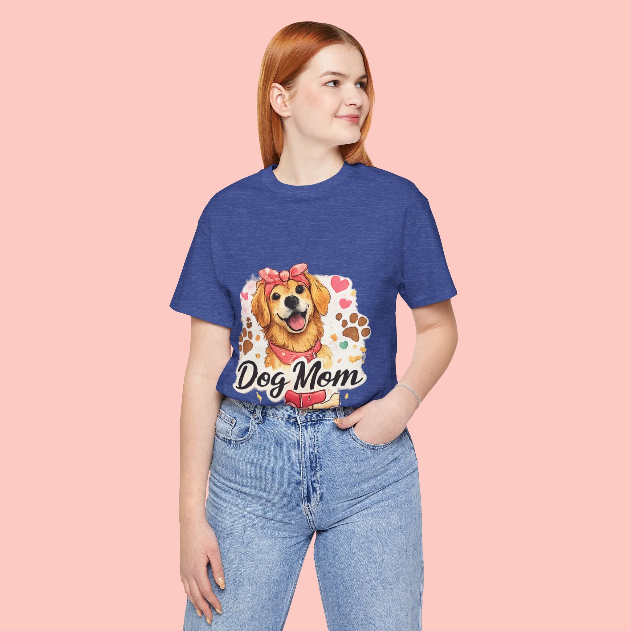 Dog Mom T-Shirt – Cute Golden Retriever Design with Hearts & Paw Prints