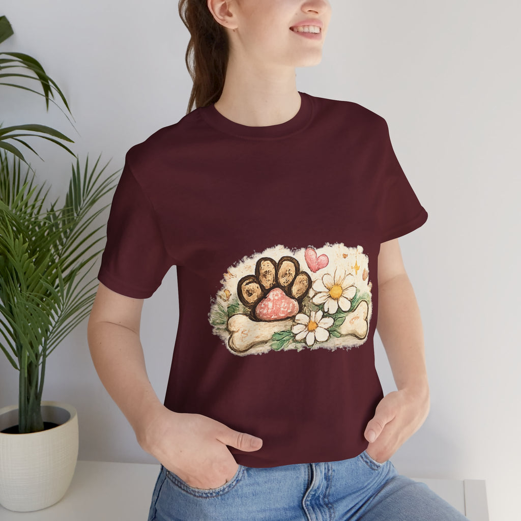 Dog Paw Floral T-Shirt — Cute Paw Print, Bone & Daisies Tee