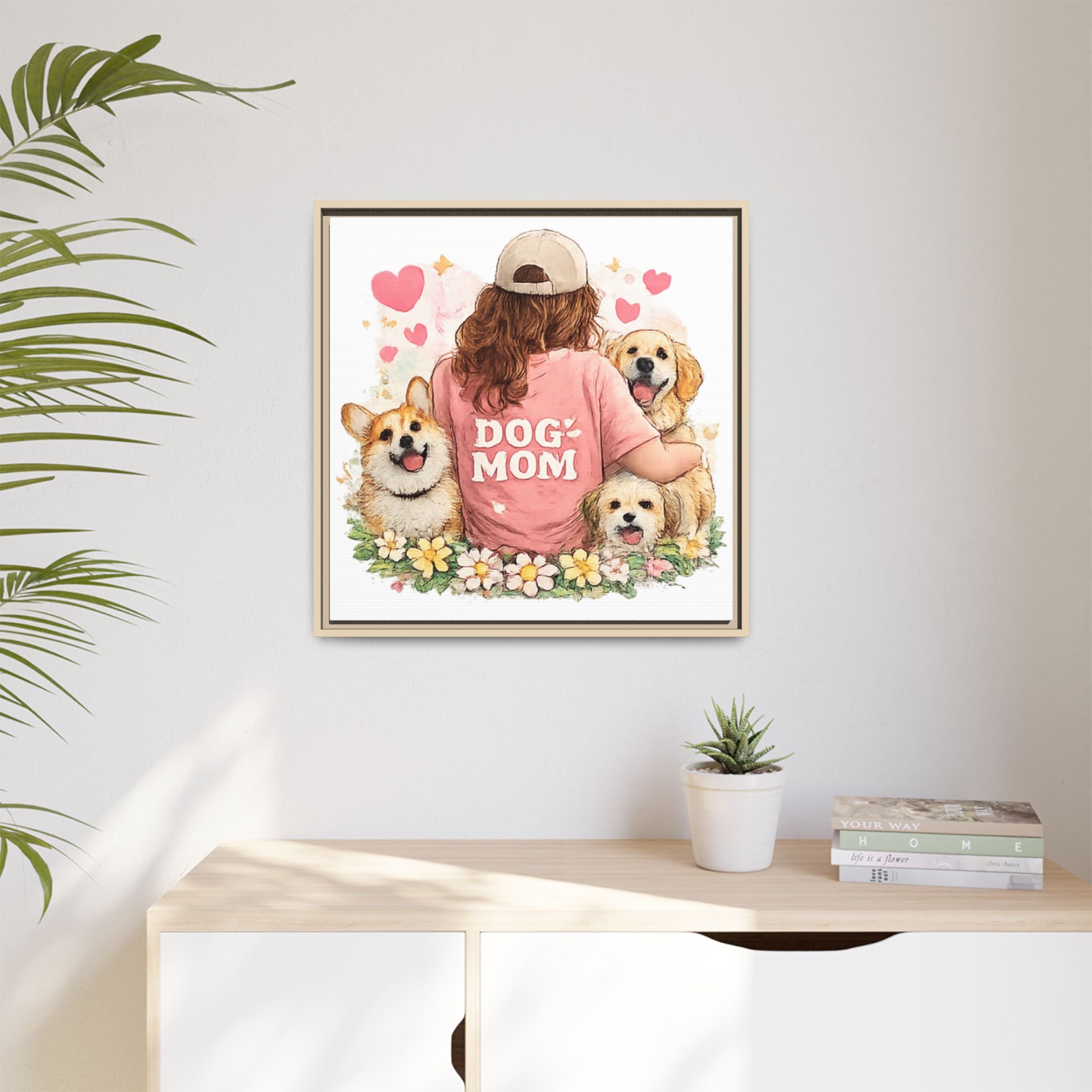 Dog Mom Canvas Print — Framed Matte Wall Art with Cute Dogs & Hearts