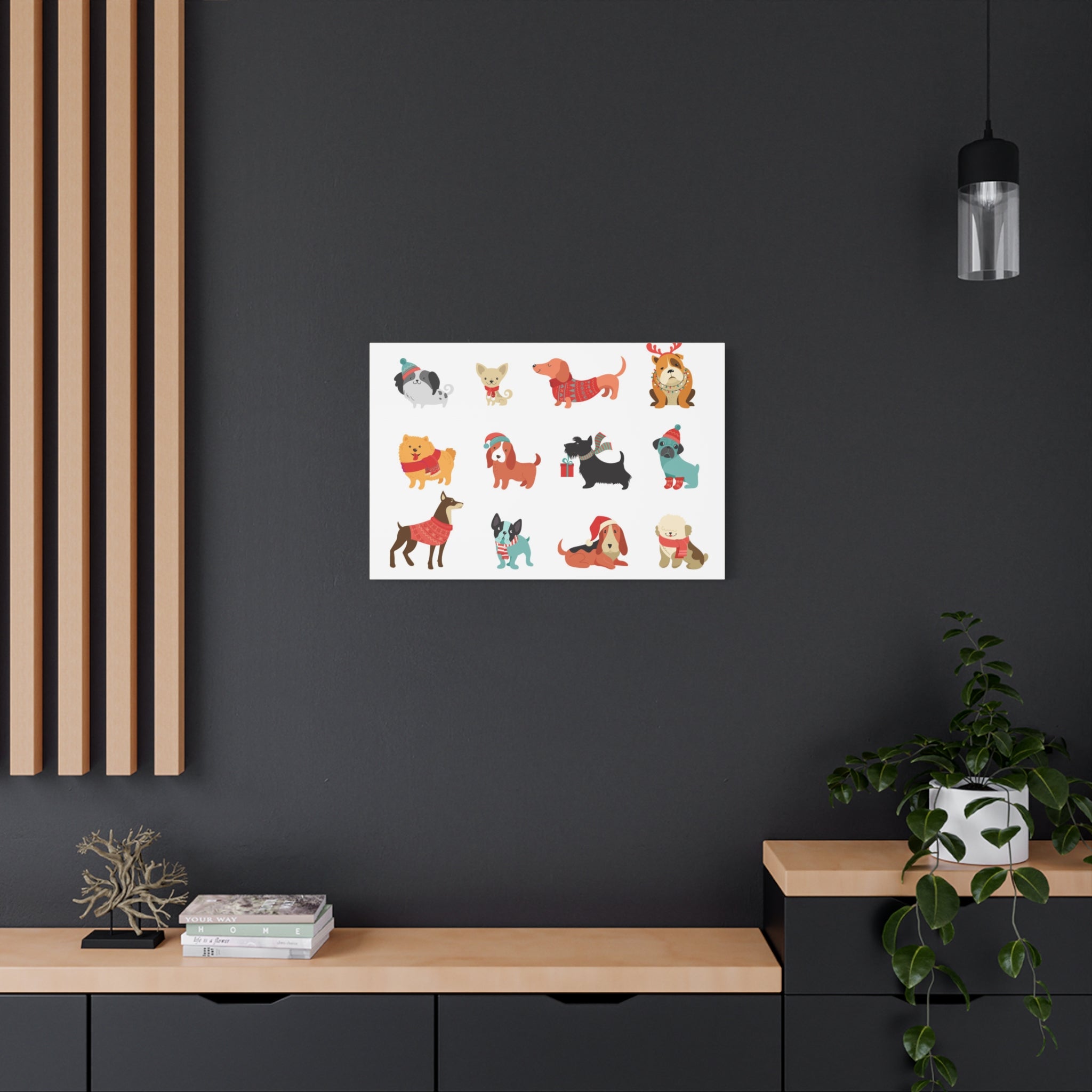Holiday Dogs Canvas Wall Art — Cute Dachshund, Pug & Mixed Breeds in Winter Sweaters