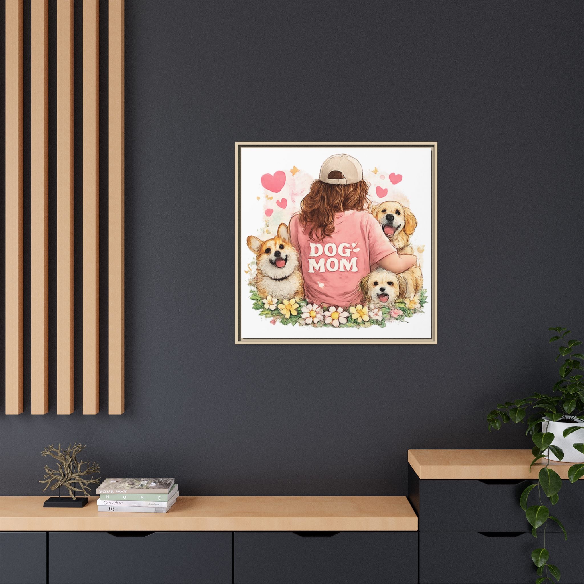 Dog Mom Canvas Print — Framed Matte Wall Art with Cute Dogs & Hearts