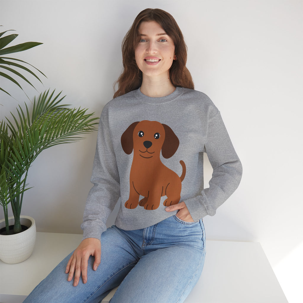 Cute Brown Puppy Sweatshirt — Cartoon Dachshund Crewneck for Dog Lovers