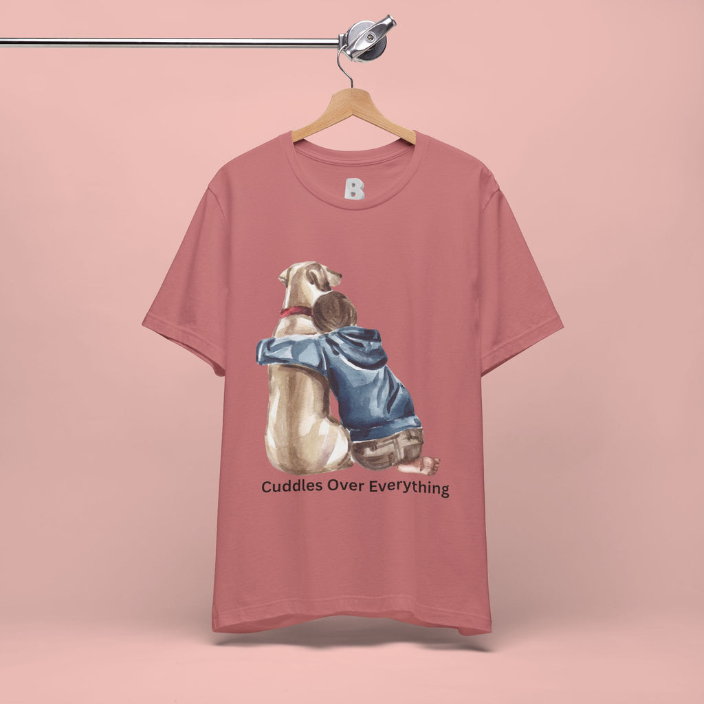 Cuddles Over Everything Tee — Boy Hugging Dog Animal Lover T-Shirt