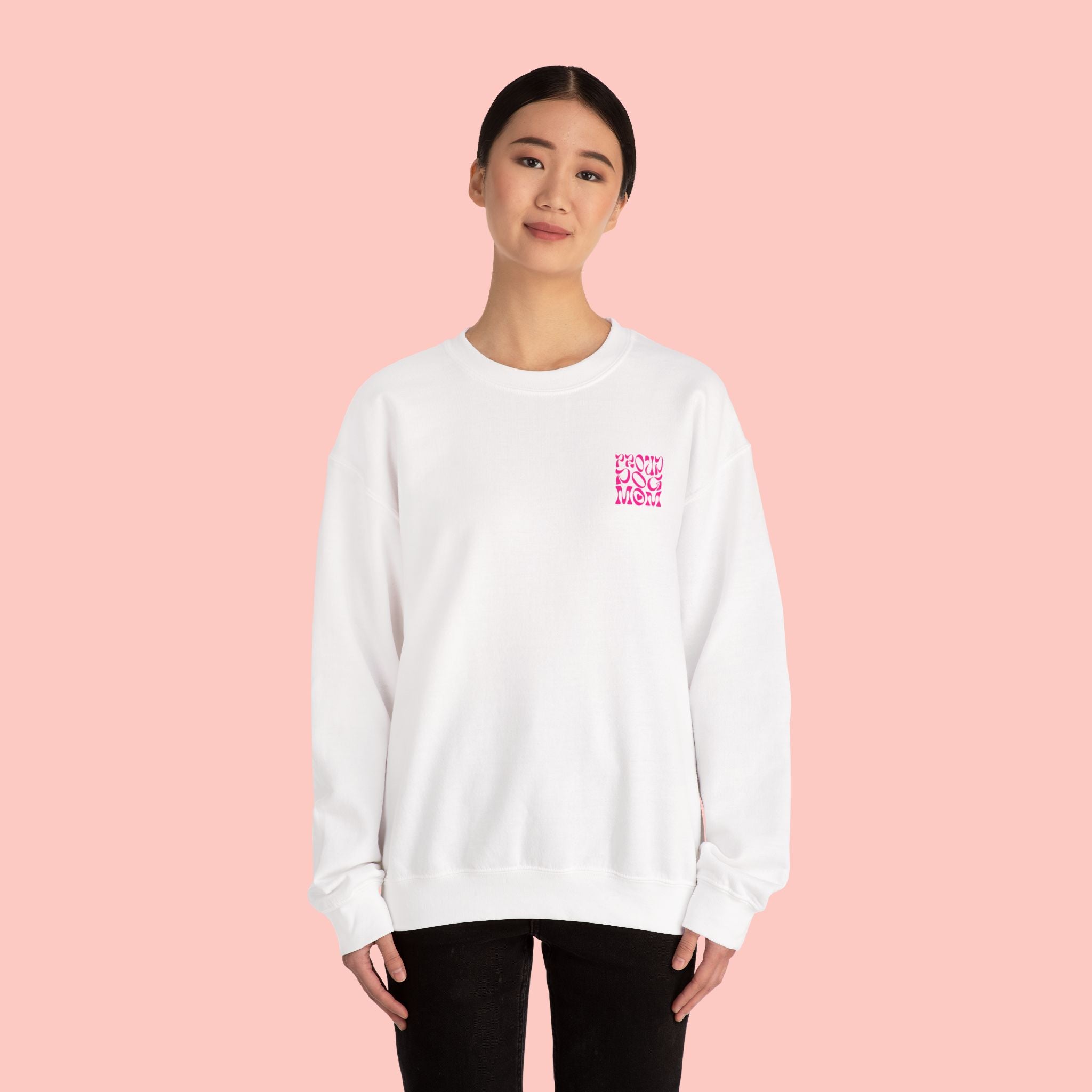 Proud Dog Mom Crewneck Sweatshirt — Retro Pink Graphic