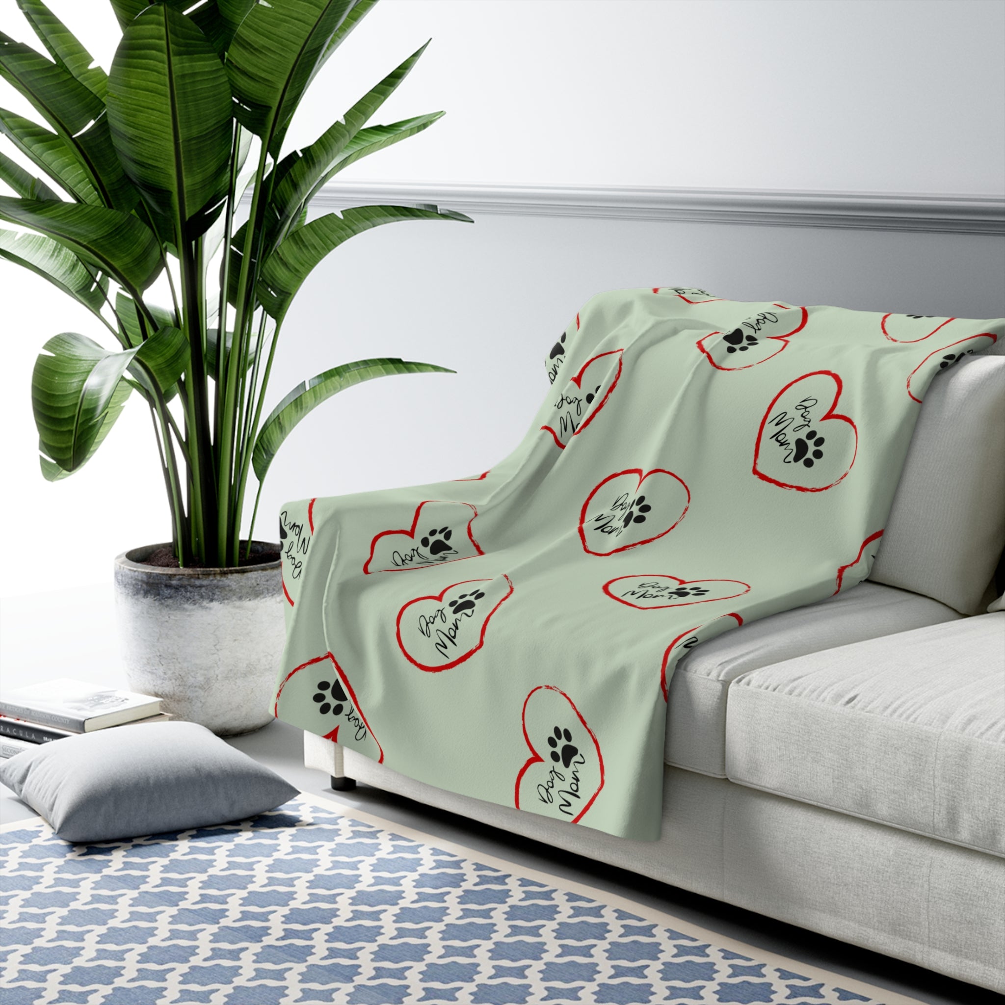 Sherpa Blanket — Mint Heart Paw Print "Dog Mom" Cozy Throw