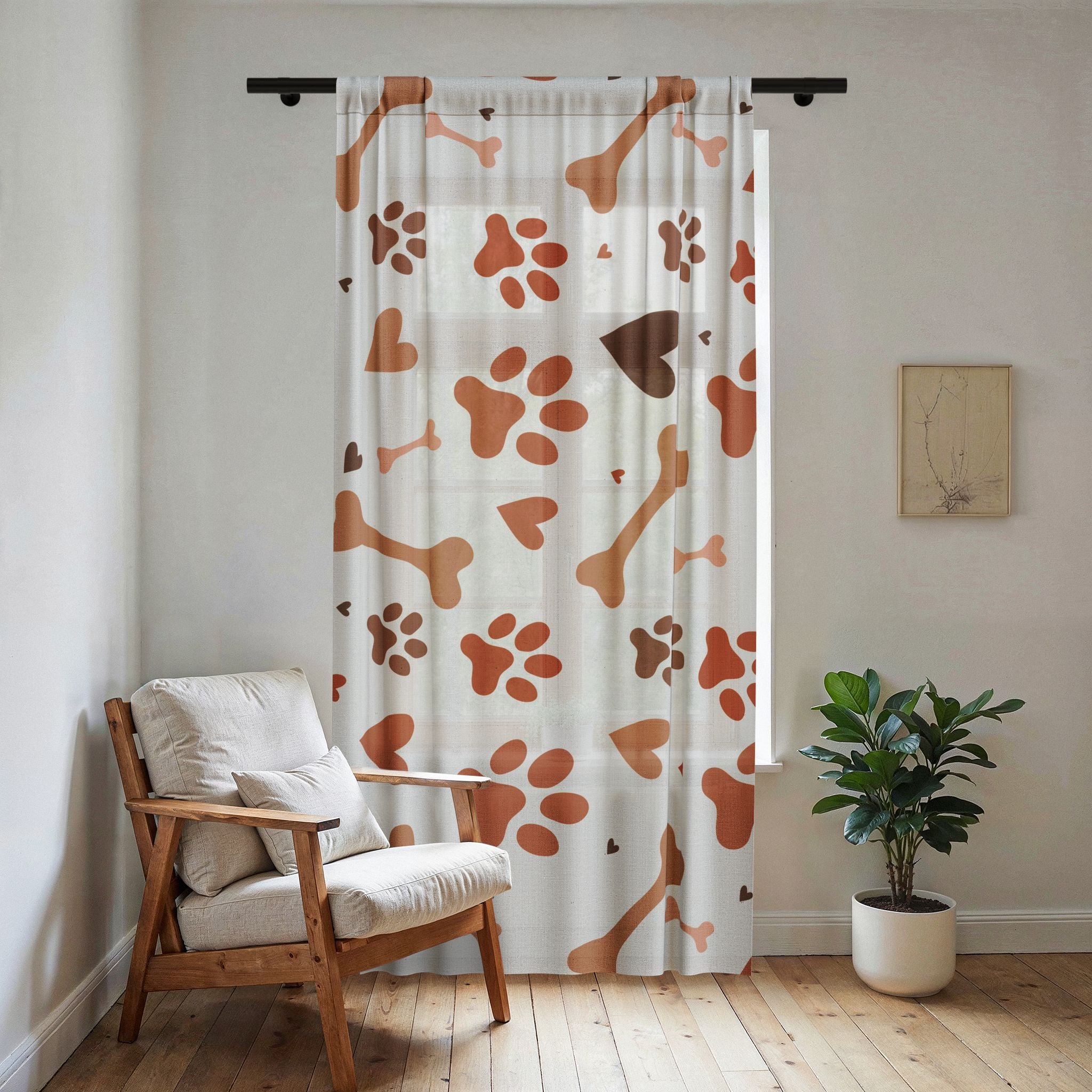 Dog Paw & Bone Sheer Window Curtain — Lightweight Pet-Themed Sheer Panel for Nursery, Living Room, or Playroom Décor