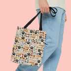 Dog Paw & Bone Pattern Tote Bag — 'Woof' All-Over Print Canvas Tote