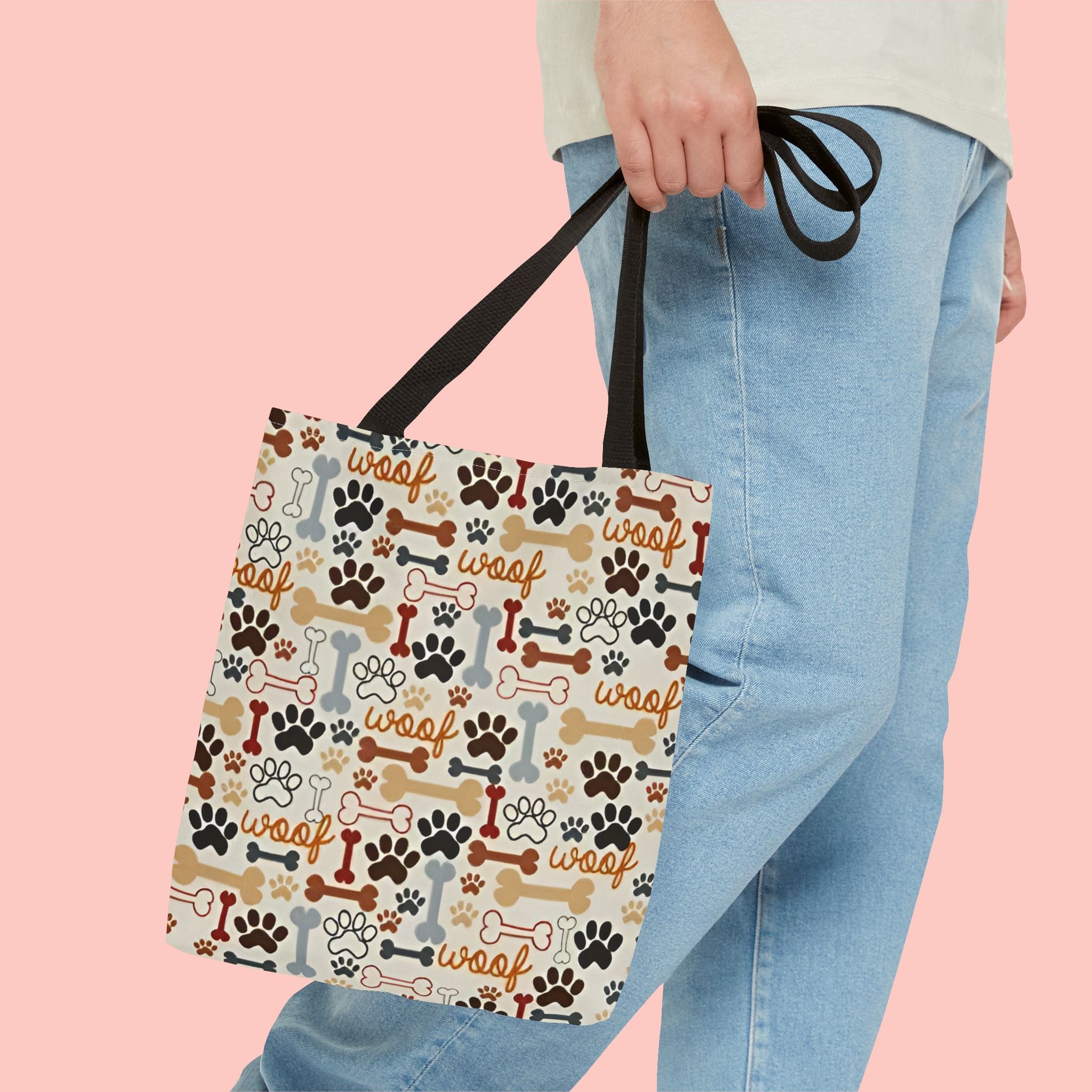 Dog Paw & Bone Pattern Tote Bag — 'Woof' All-Over Print Canvas Tote