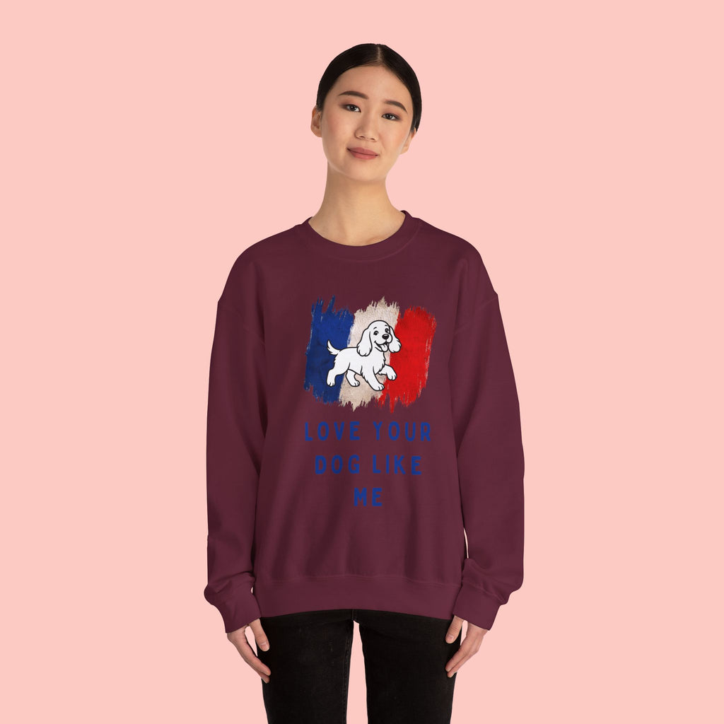 Crewneck Sweatshirt - "Love Your Dog Like Me" French Flag Puppy Graphic